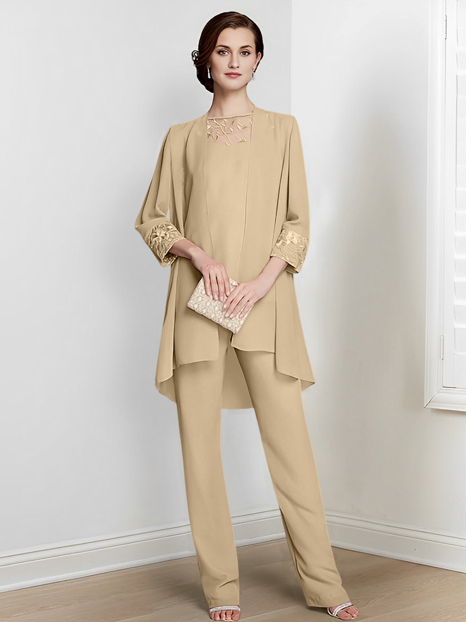 Long Square Neck Chiffon Pantsuit With Long Sleeves and Jacket for the Mother of the Bride