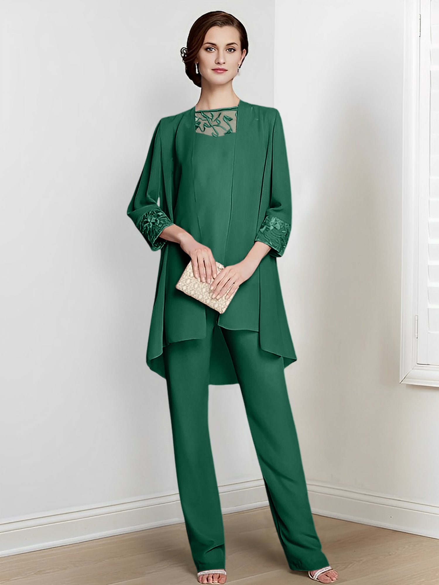 Long Square Neck Chiffon Pantsuit With Long Sleeves and Jacket for the Mother of the Bride
