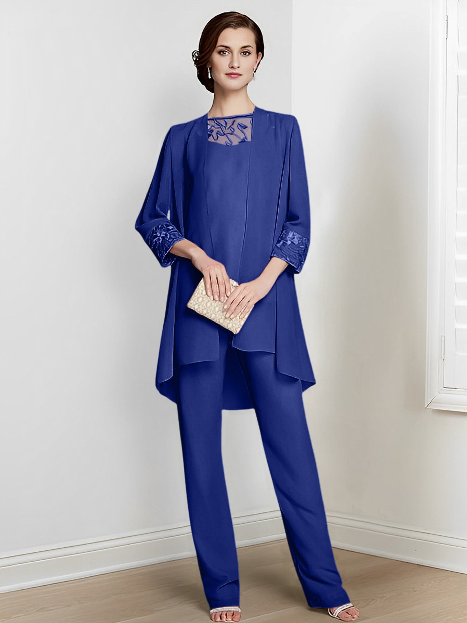 Long Square Neck Chiffon Pantsuit With Long Sleeves and Jacket for the Mother of the Bride