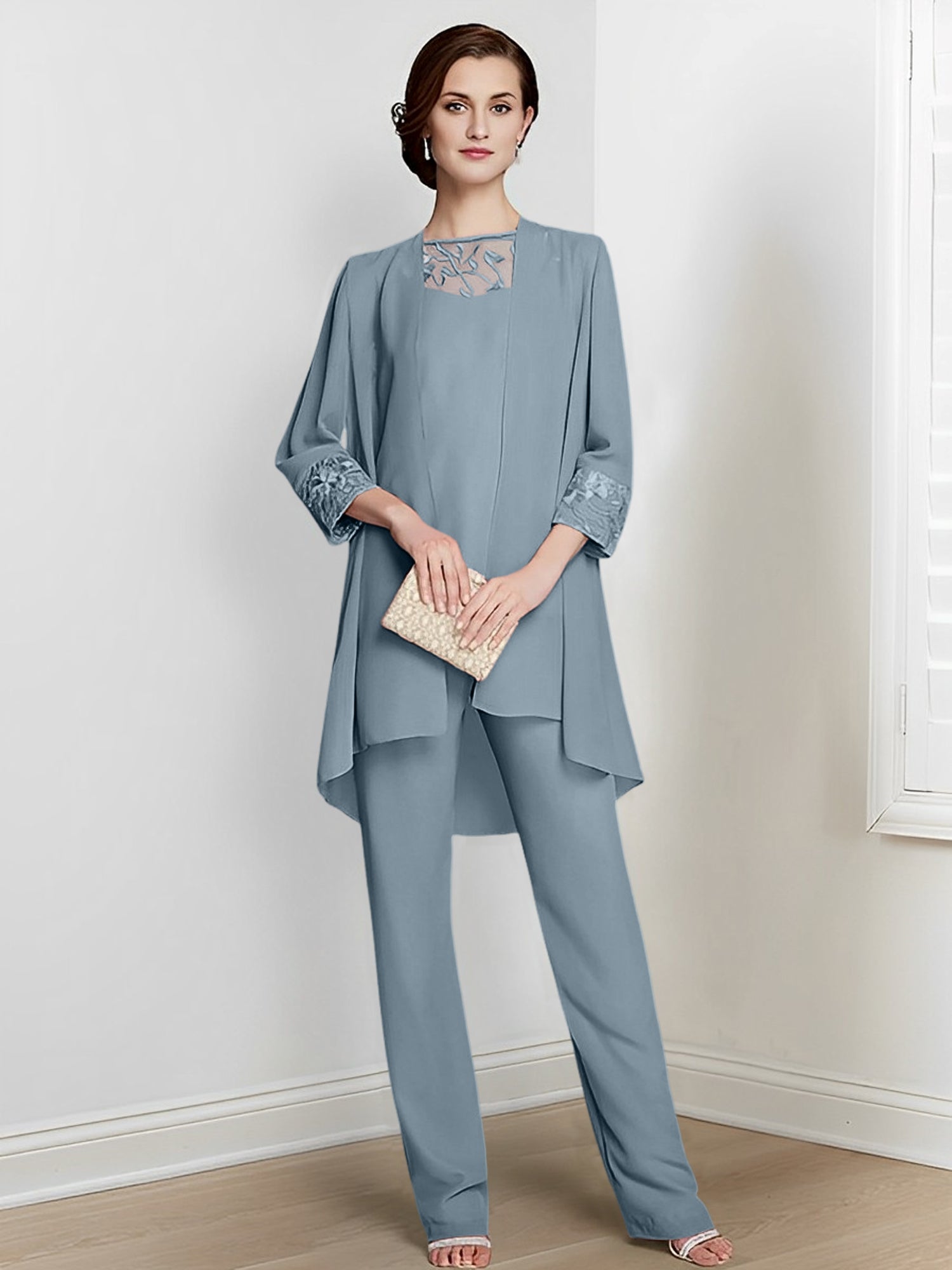 Long Square Neck Chiffon Pantsuit With Long Sleeves and Jacket for the Mother of the Bride