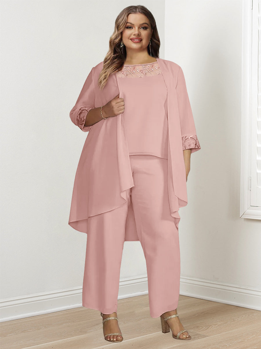 Long Square Neck Chiffon Pantsuit With Long Sleeves and Jacket for the Mother of the Bride