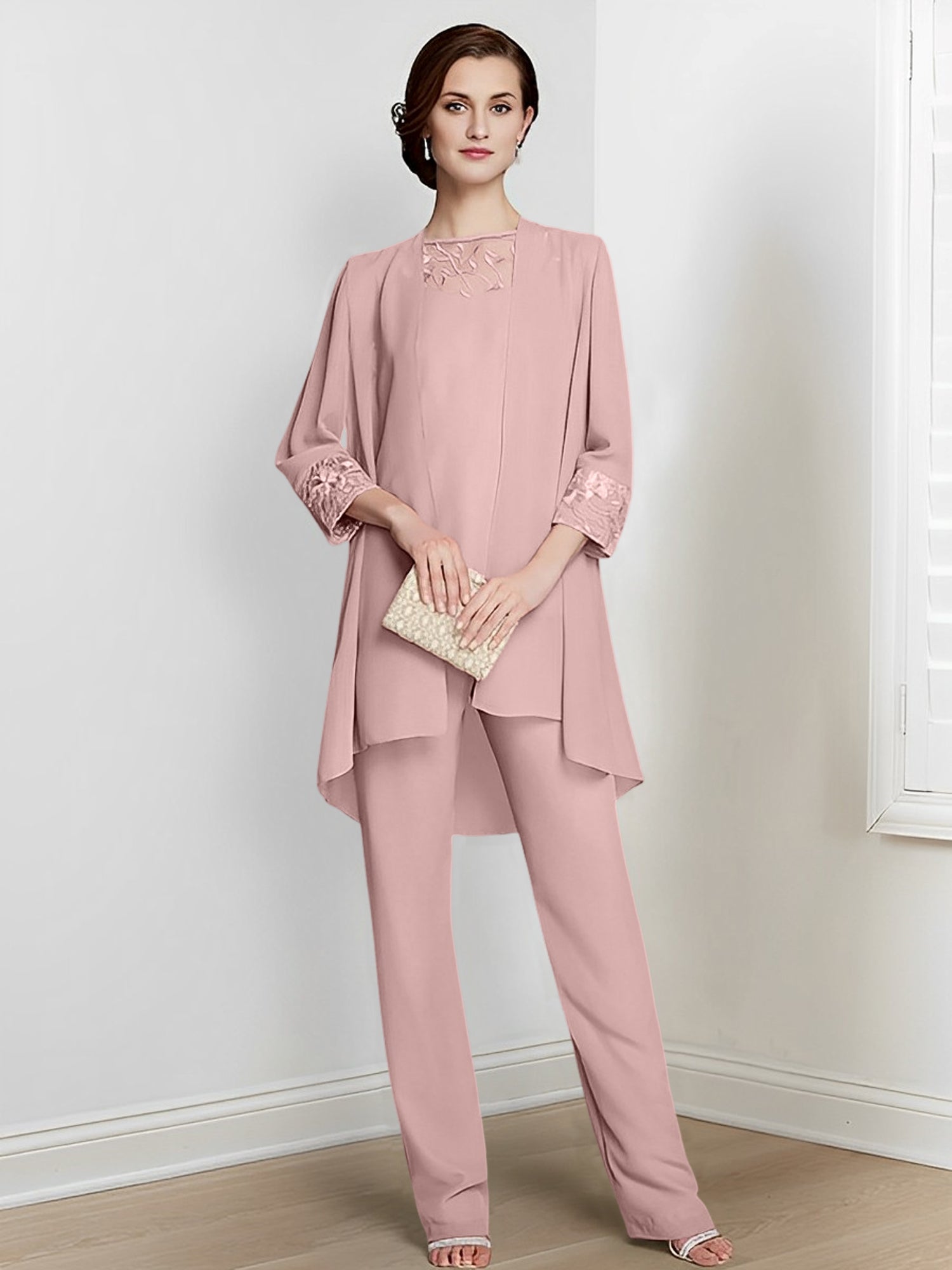 Long Square Neck Chiffon Pantsuit With Long Sleeves and Jacket for the Mother of the Bride