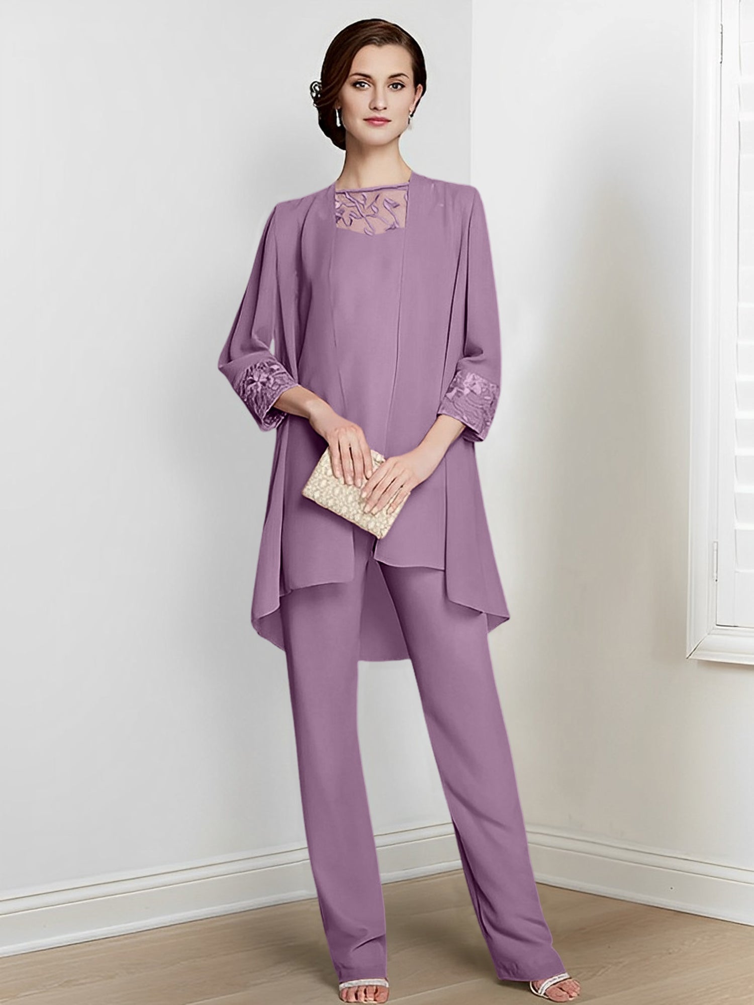 Long Square Neck Chiffon Pantsuit With Long Sleeves and Jacket for the Mother of the Bride
