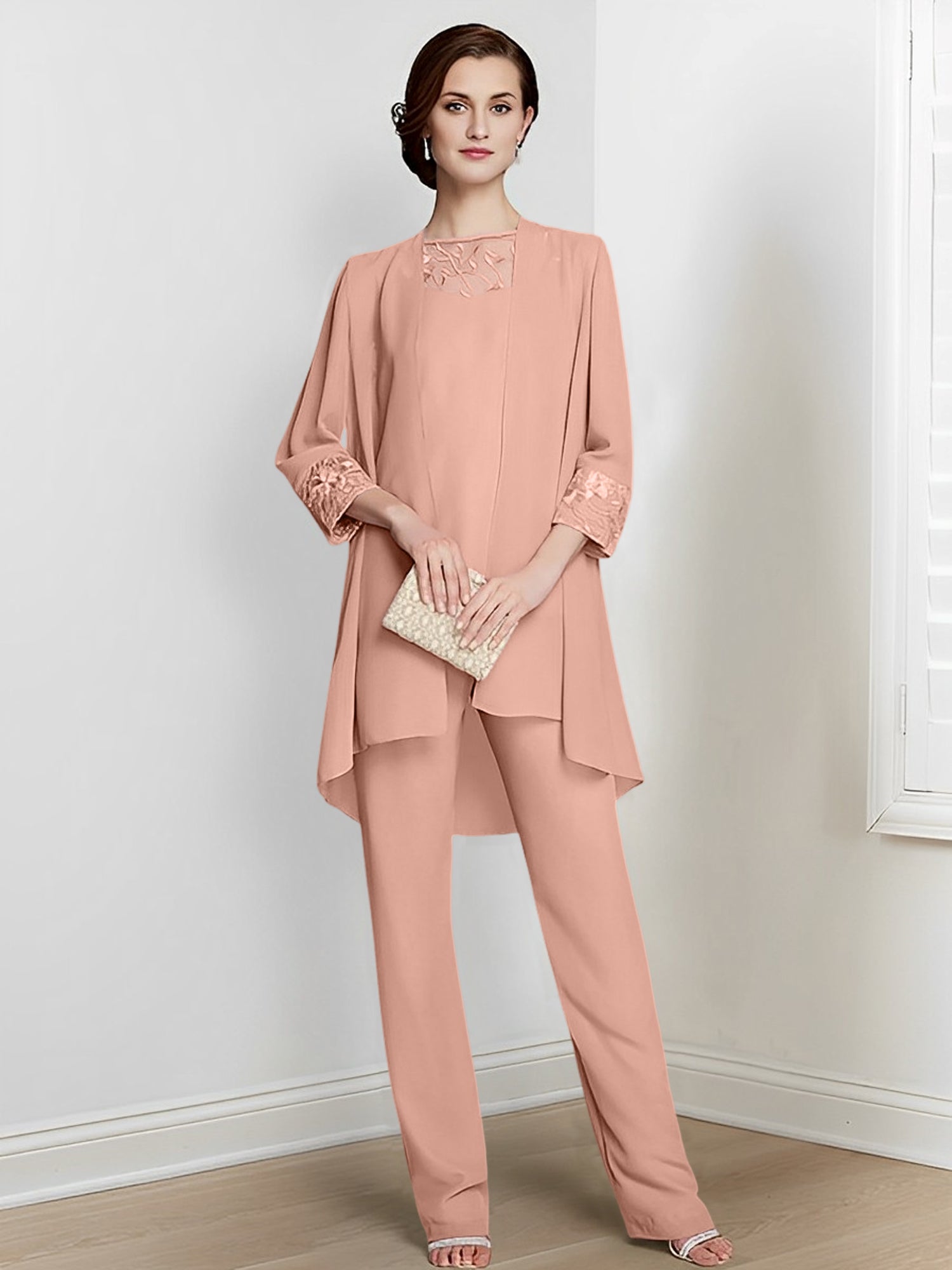 Long Square Neck Chiffon Pantsuit With Long Sleeves and Jacket for the Mother of the Bride