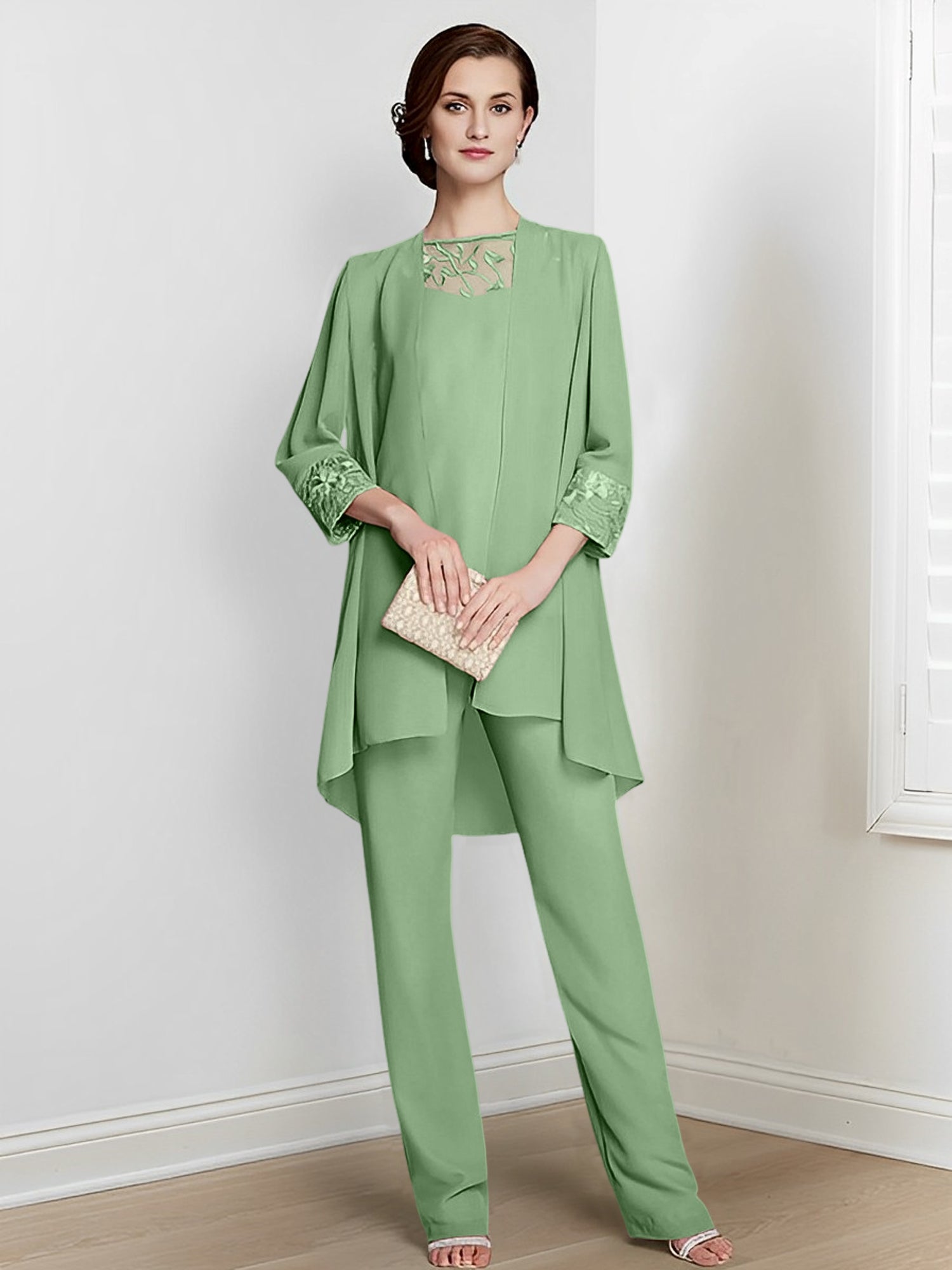Long Square Neck Chiffon Pantsuit With Long Sleeves and Jacket for the Mother of the Bride