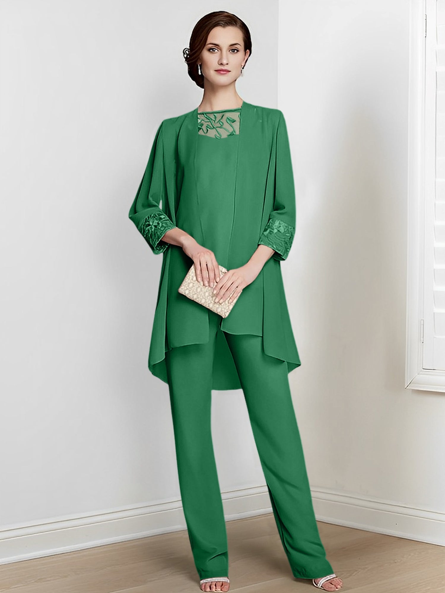 Long Square Neck Chiffon Pantsuit With Long Sleeves and Jacket for the Mother of the Bride