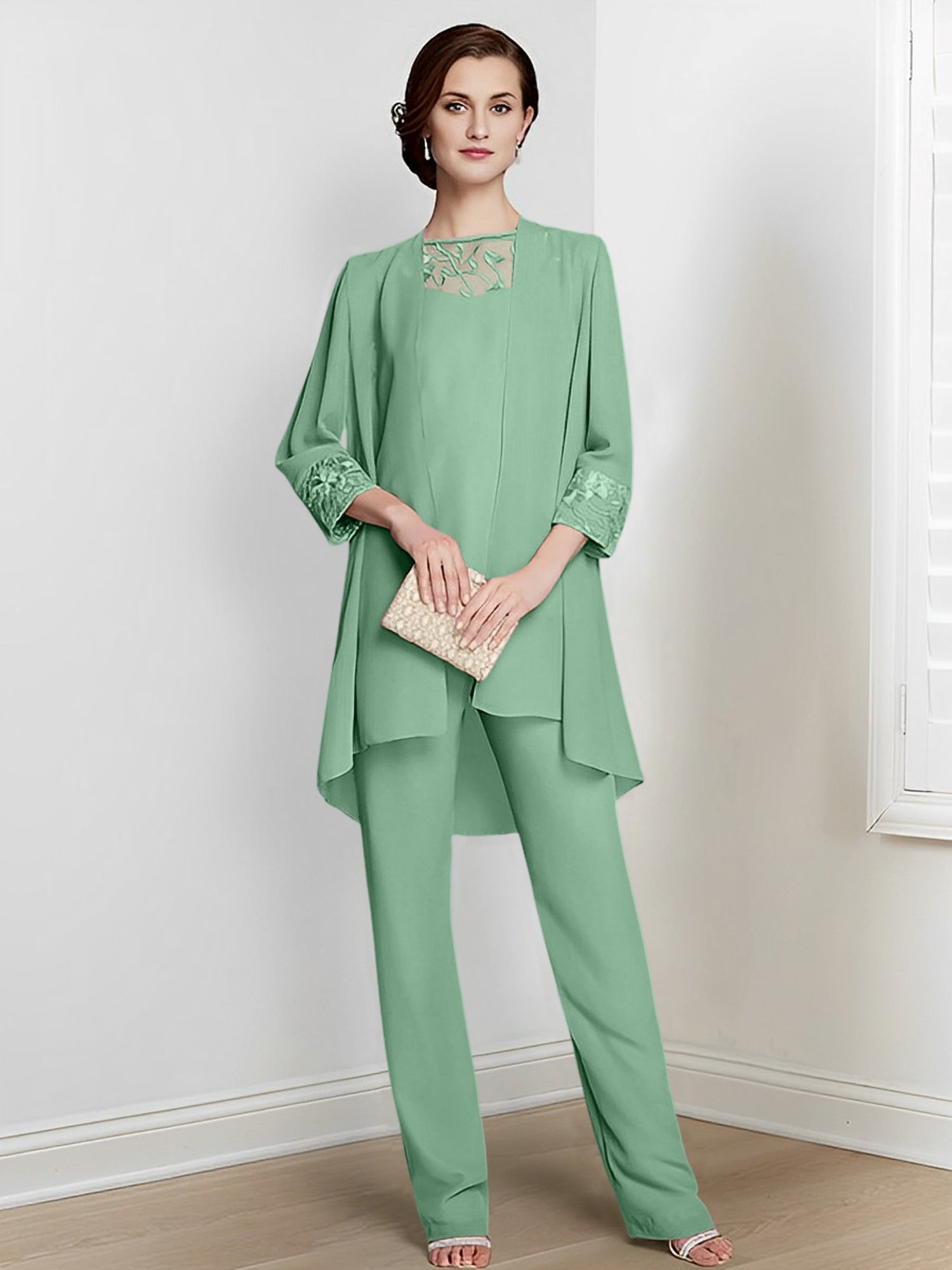Long Square Neck Chiffon Pantsuit With Long Sleeves and Jacket for the Mother of the Bride