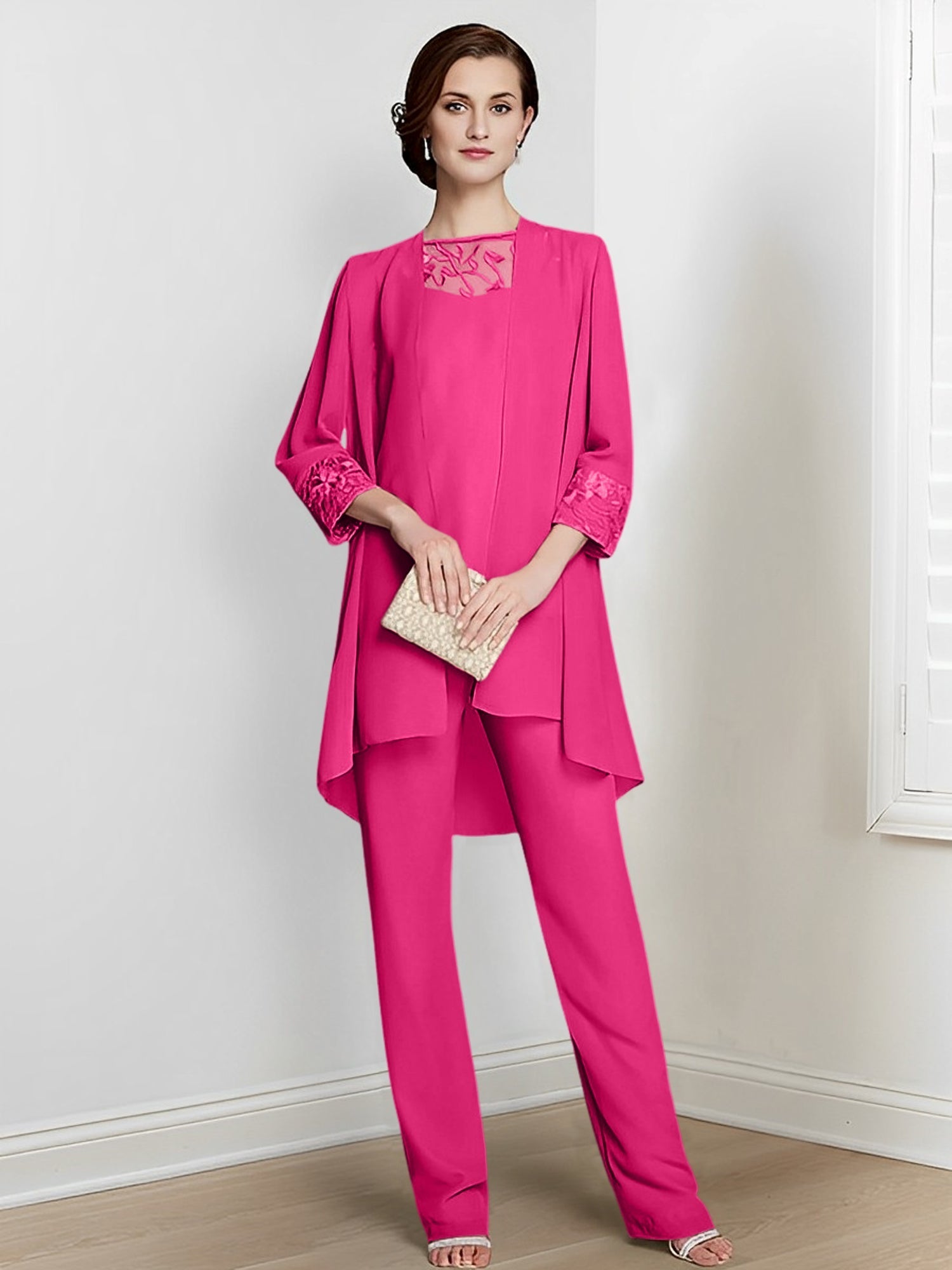 Long Square Neck Chiffon Pantsuit With Long Sleeves and Jacket for the Mother of the Bride