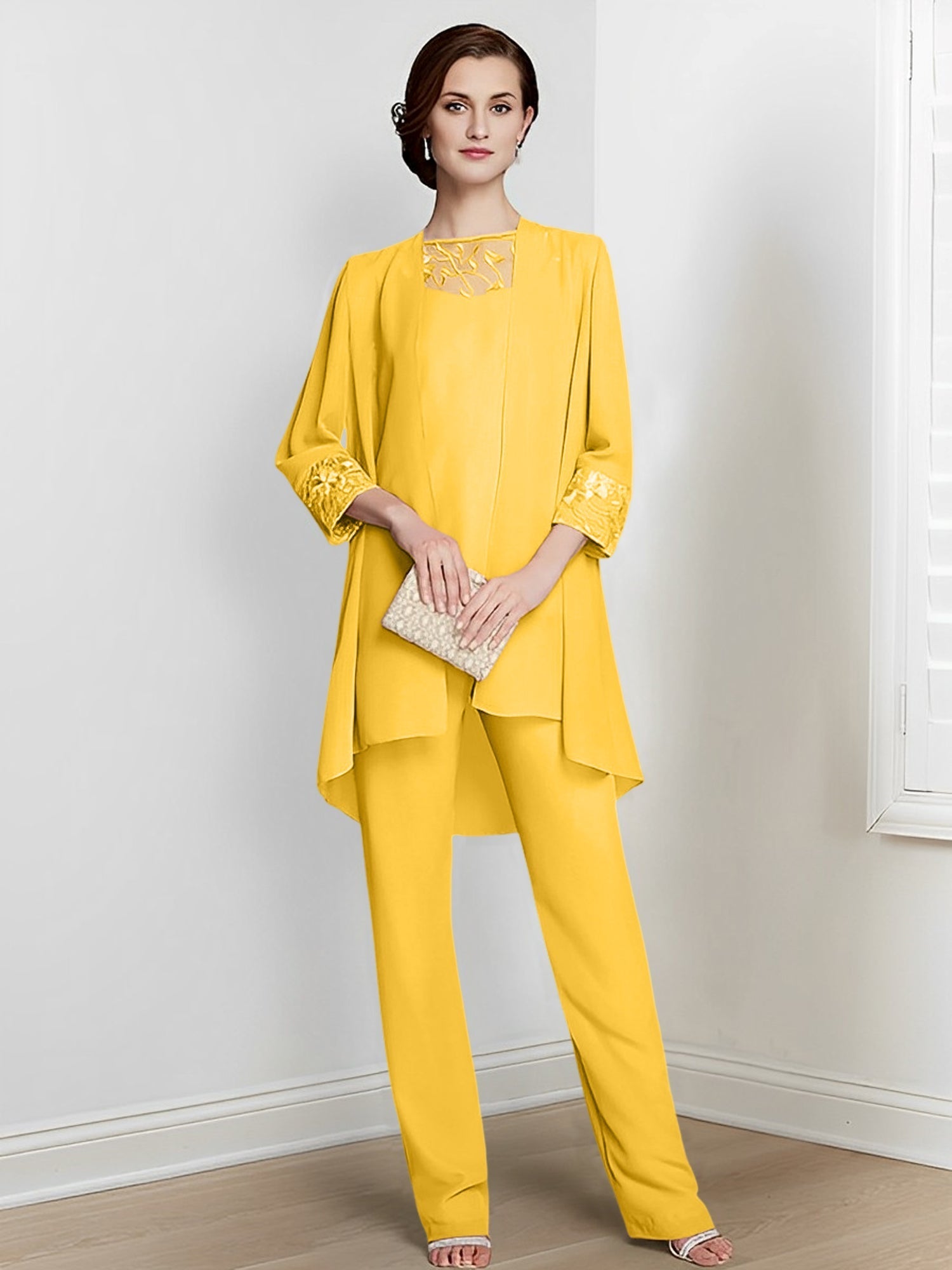 Long Square Neck Chiffon Pantsuit With Long Sleeves and Jacket for the Mother of the Bride