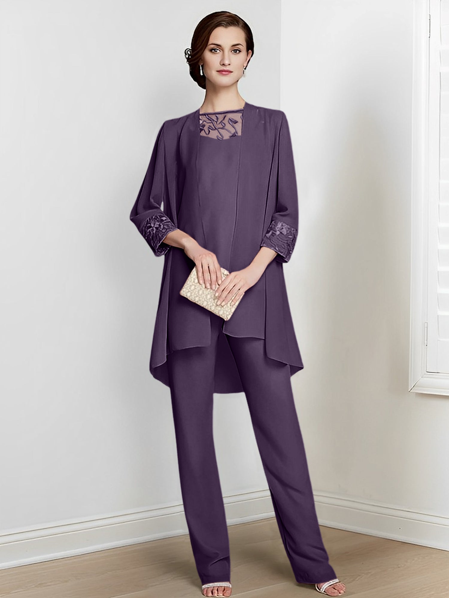 Long Square Neck Chiffon Pantsuit With Long Sleeves and Jacket for the Mother of the Bride