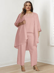Long Square Neck Chiffon Pantsuit With Long Sleeves and Jacket for the Mother of the Bride