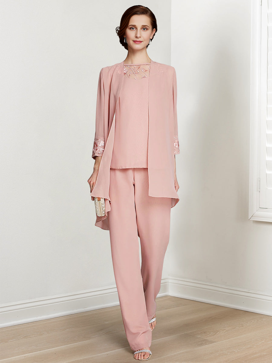 Long Square Neck Chiffon Pantsuit With Long Sleeves and Jacket for the Mother of the Bride