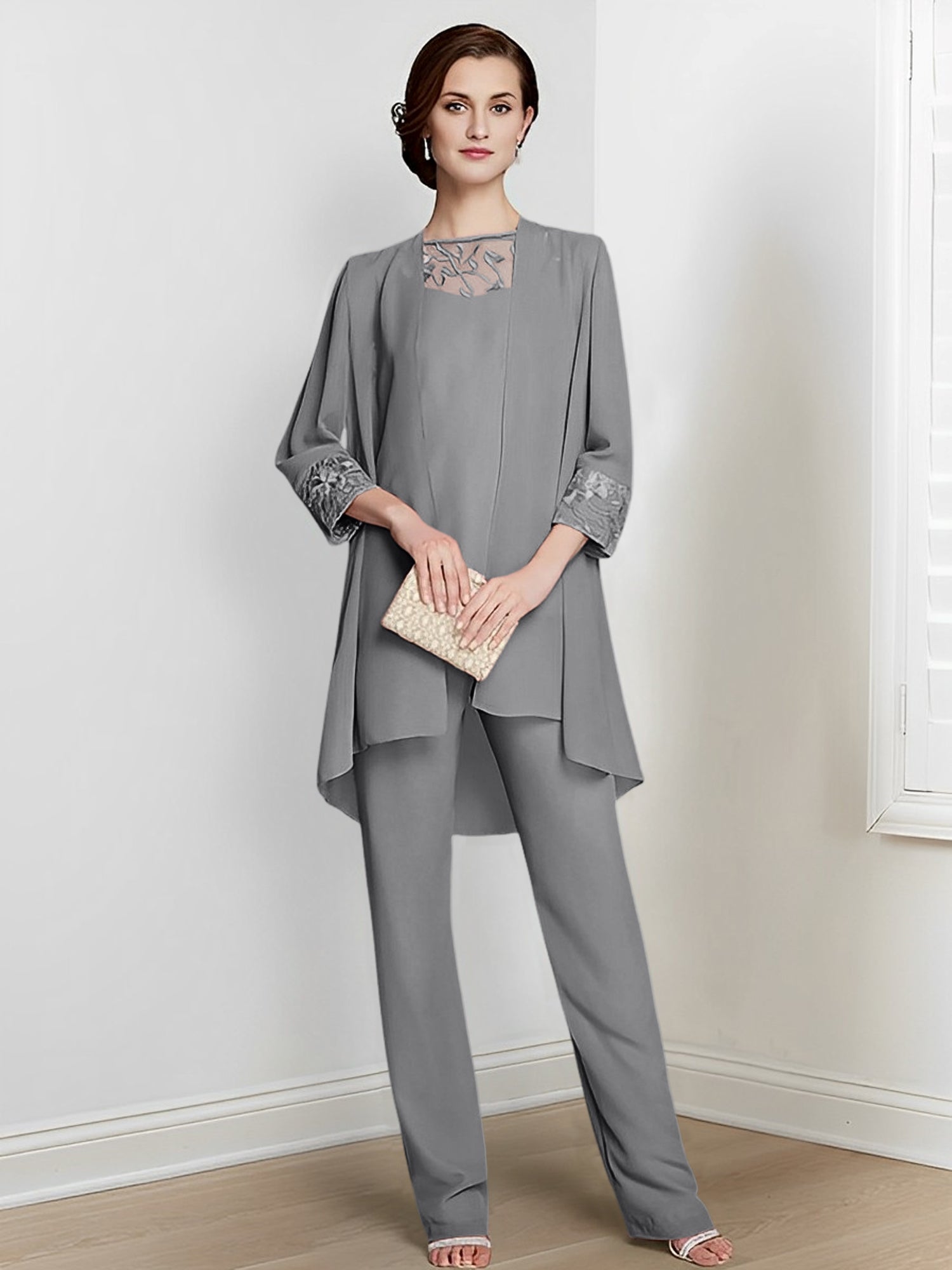Long Square Neck Chiffon Pantsuit With Long Sleeves and Jacket for the Mother of the Bride