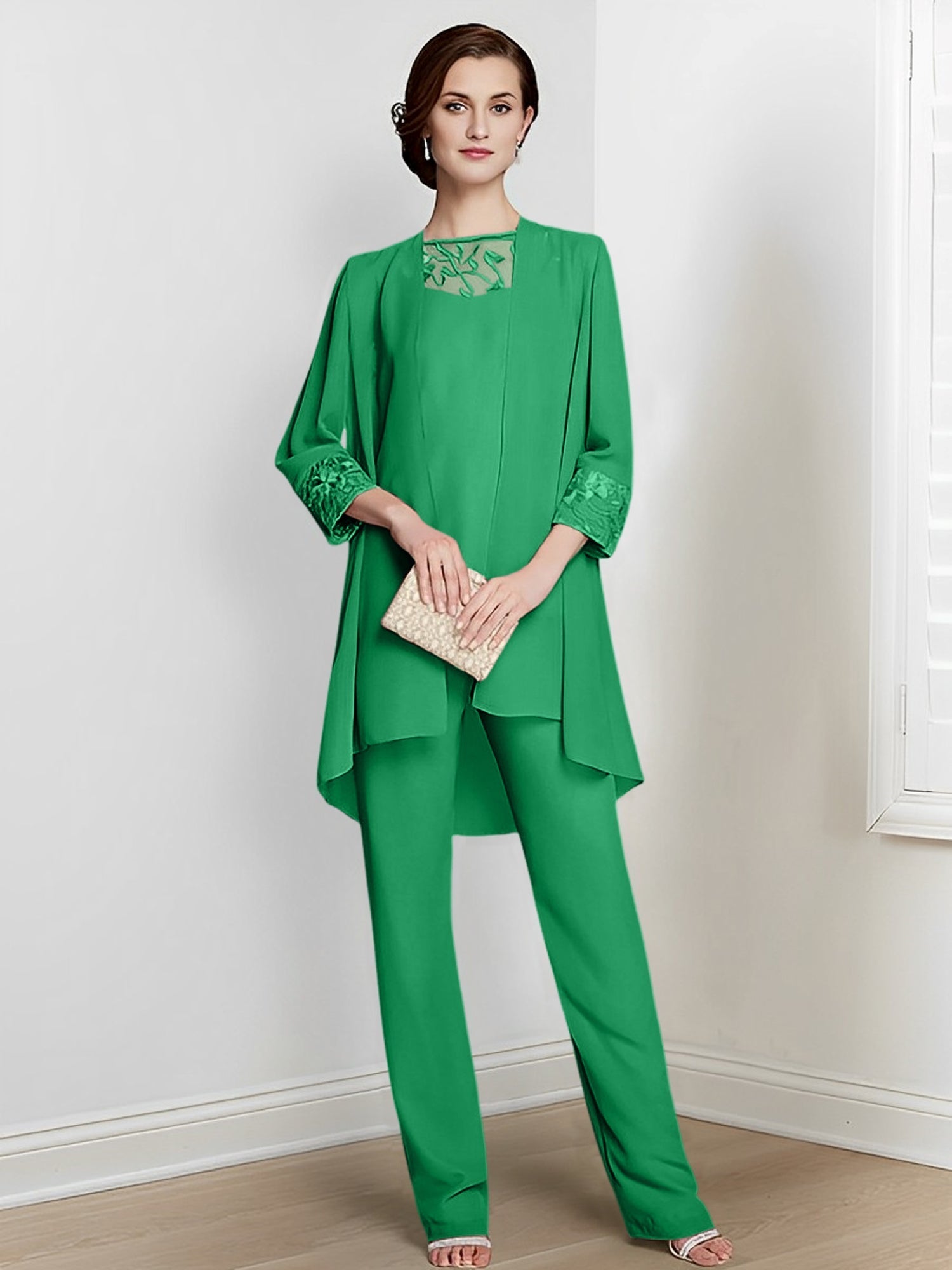 Long Square Neck Chiffon Pantsuit With Long Sleeves and Jacket for the Mother of the Bride