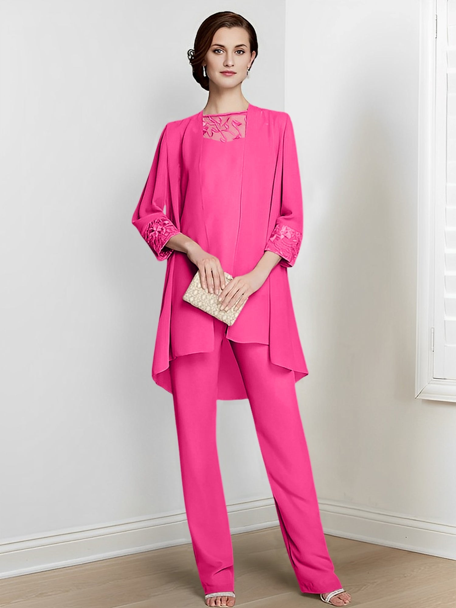 Long Square Neck Chiffon Pantsuit With Long Sleeves and Jacket for the Mother of the Bride