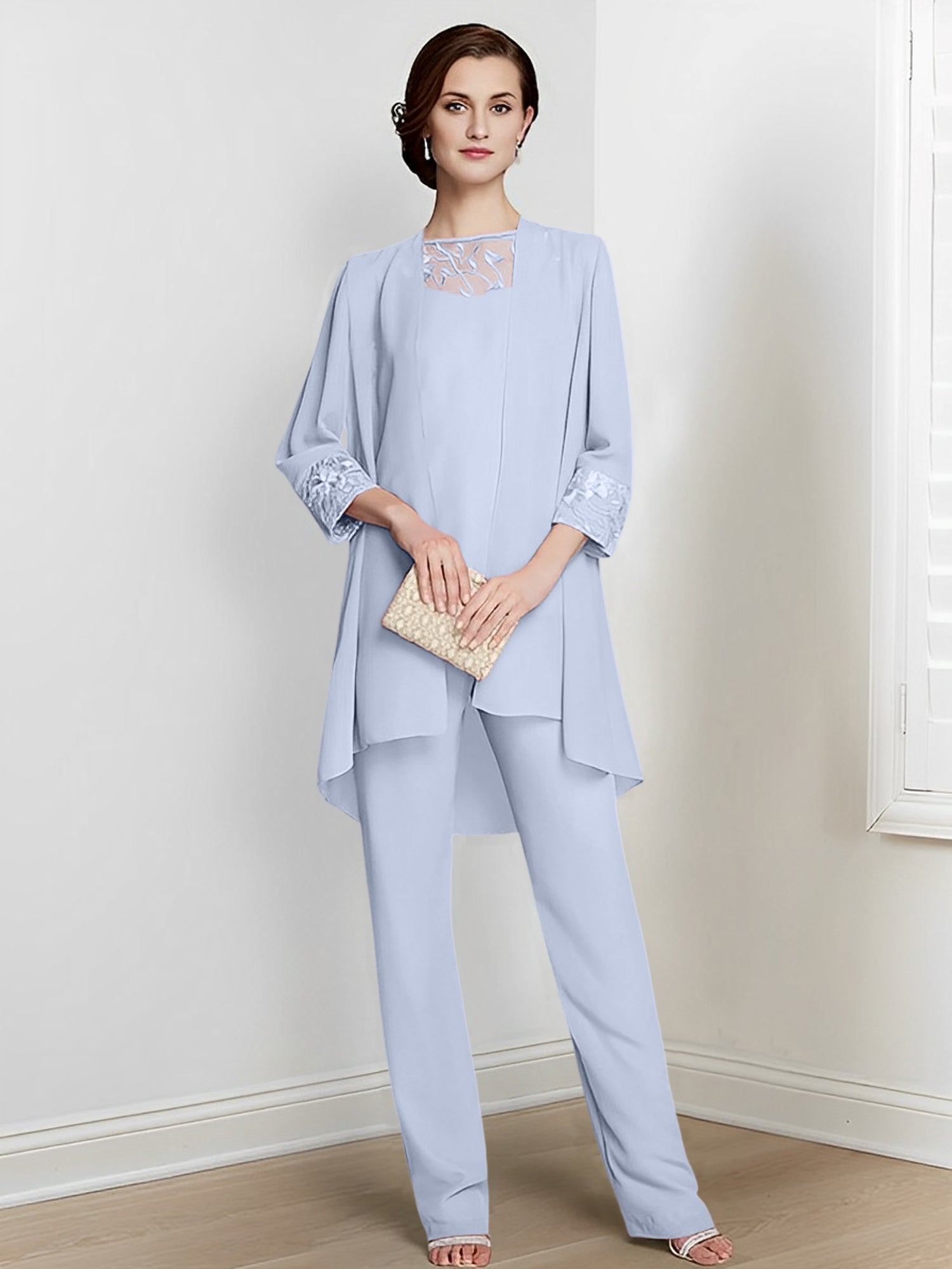 Long Square Neck Chiffon Pantsuit With Long Sleeves and Jacket for the Mother of the Bride