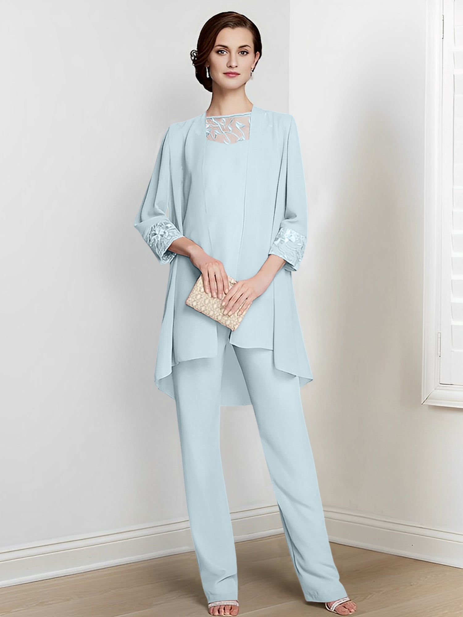 Long Square Neck Chiffon Pantsuit With Long Sleeves and Jacket for the Mother of the Bride