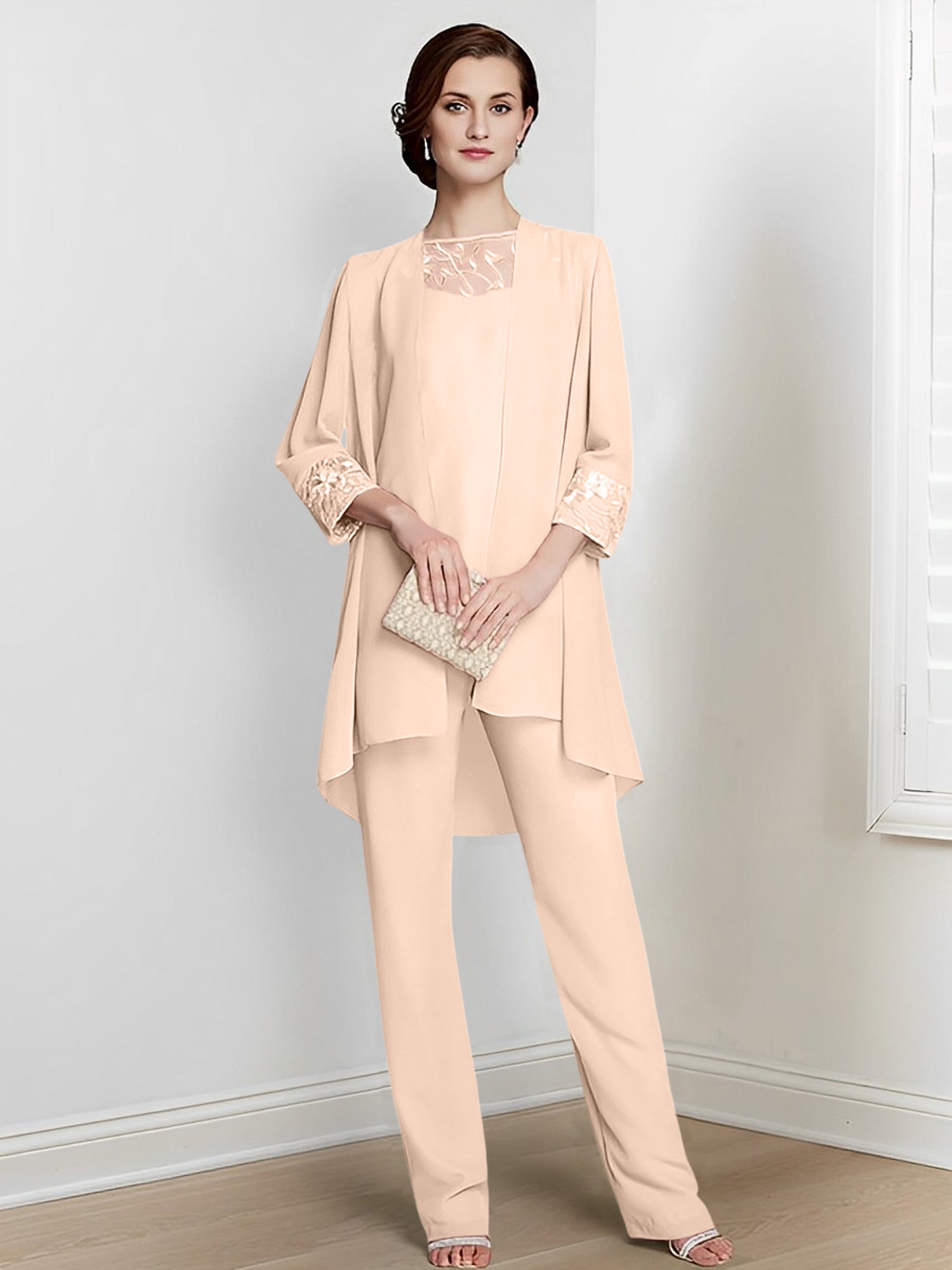 Long Square Neck Chiffon Pantsuit With Long Sleeves and Jacket for the Mother of the Bride