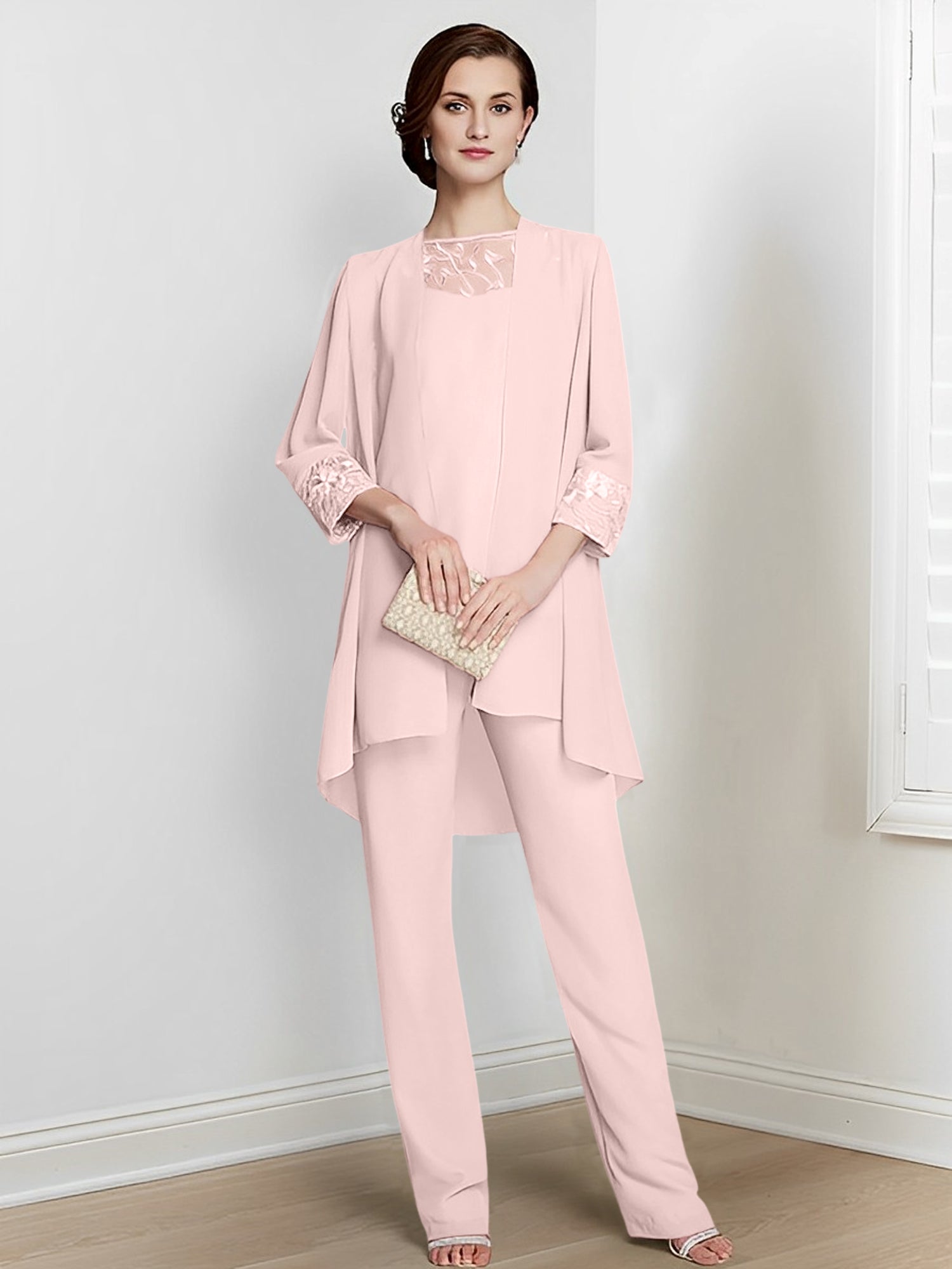Long Square Neck Chiffon Pantsuit With Long Sleeves and Jacket for the Mother of the Bride