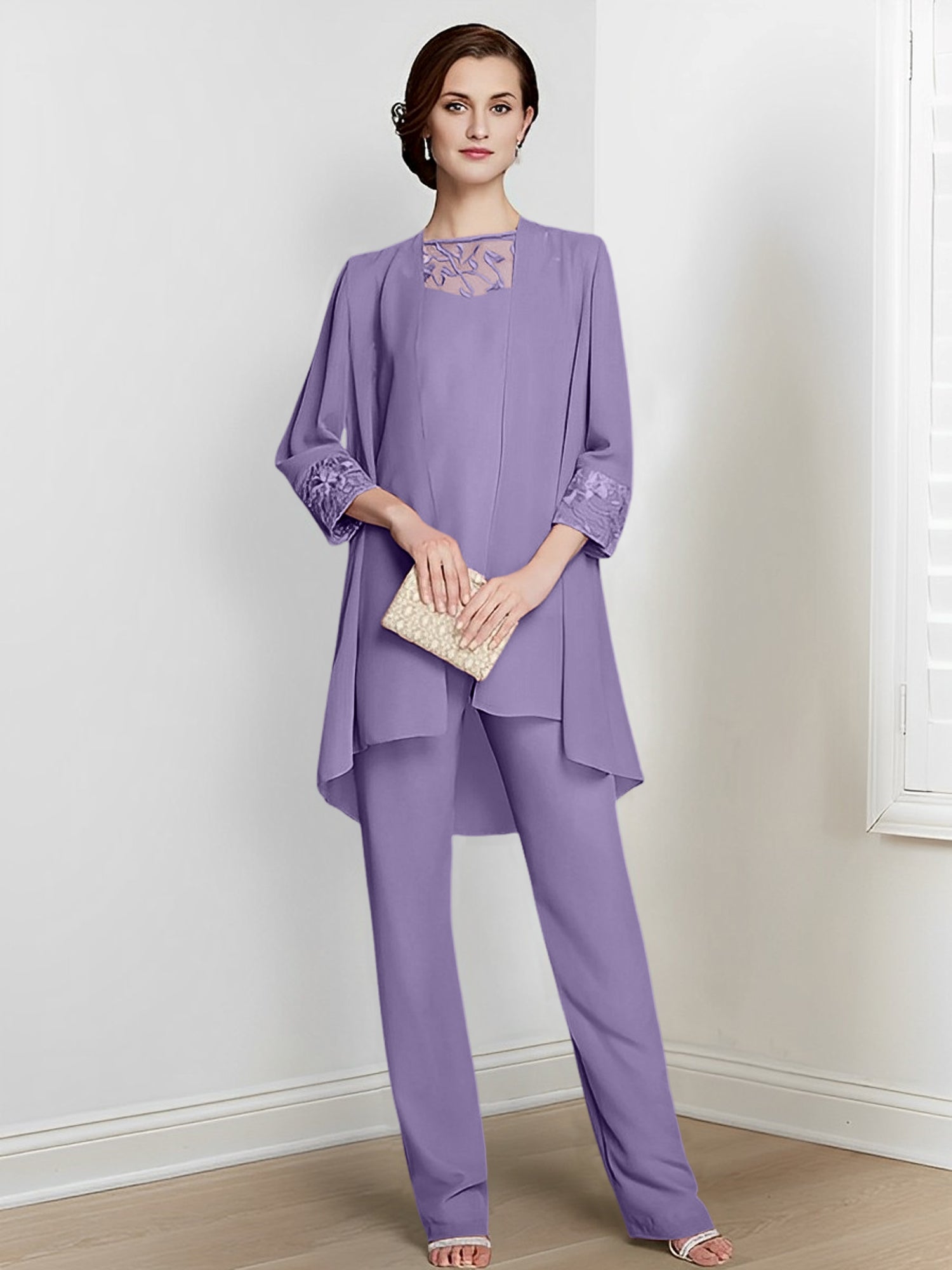 Long Square Neck Chiffon Pantsuit With Long Sleeves and Jacket for the Mother of the Bride