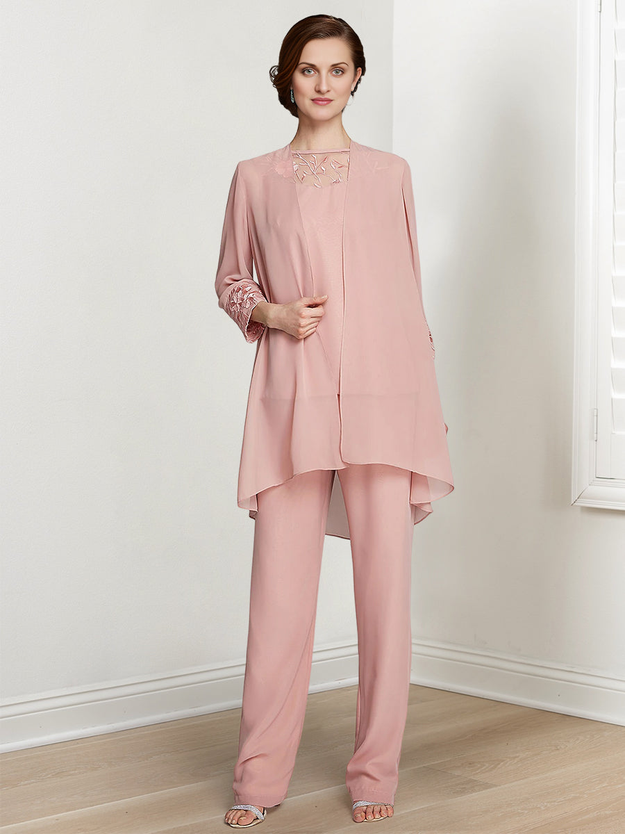 Long Square Neck Chiffon Pantsuit With Long Sleeves and Jacket for the Mother of the Bride
