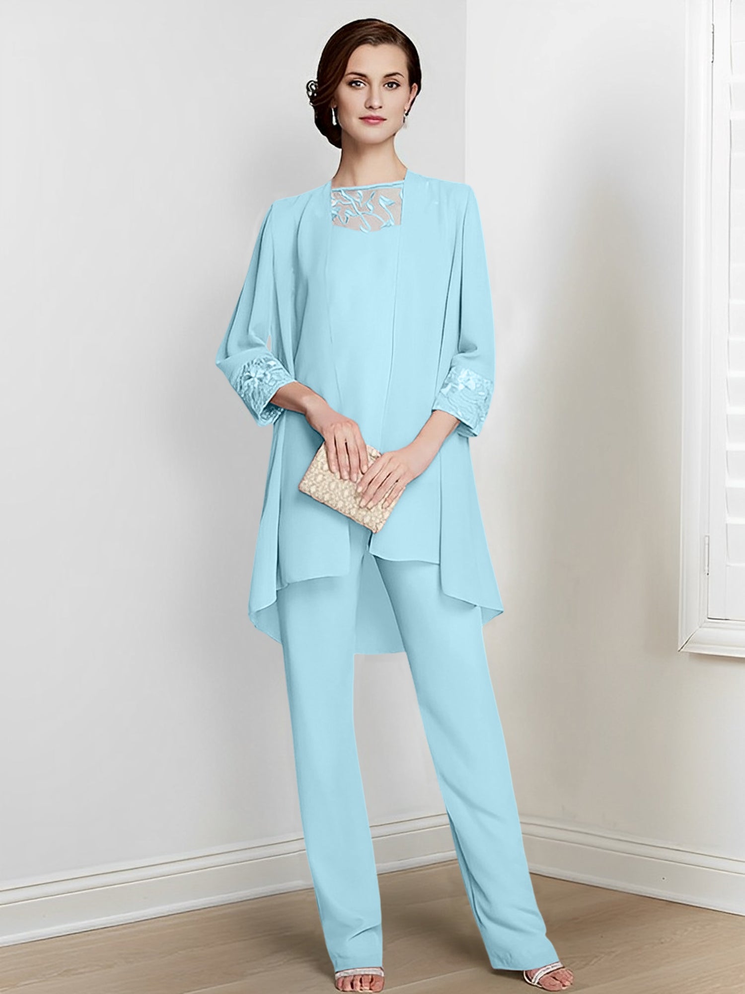 Long Square Neck Chiffon Pantsuit With Long Sleeves and Jacket for the Mother of the Bride