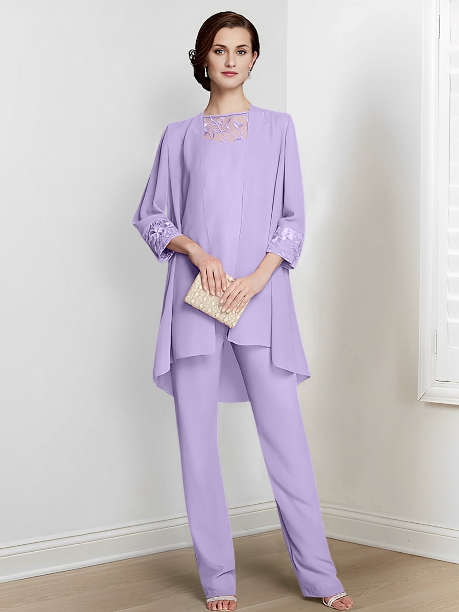 Long Square Neck Chiffon Pantsuit With Long Sleeves and Jacket for the Mother of the Bride