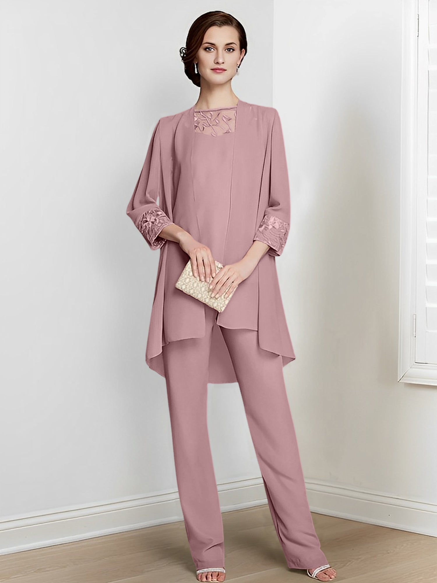 Long Square Neck Chiffon Pantsuit With Long Sleeves and Jacket for the Mother of the Bride