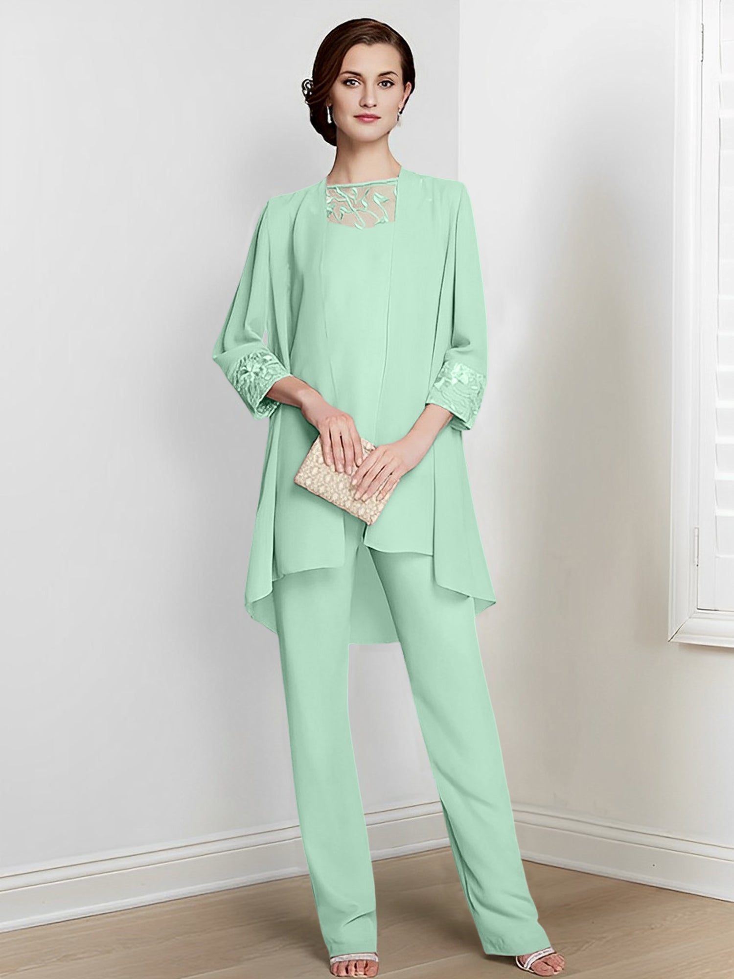 Long Square Neck Chiffon Pantsuit With Long Sleeves and Jacket for the Mother of the Bride