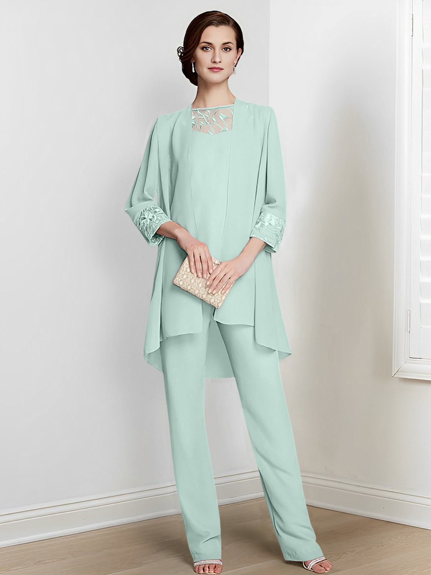 Long Square Neck Chiffon Pantsuit With Long Sleeves and Jacket for the Mother of the Bride