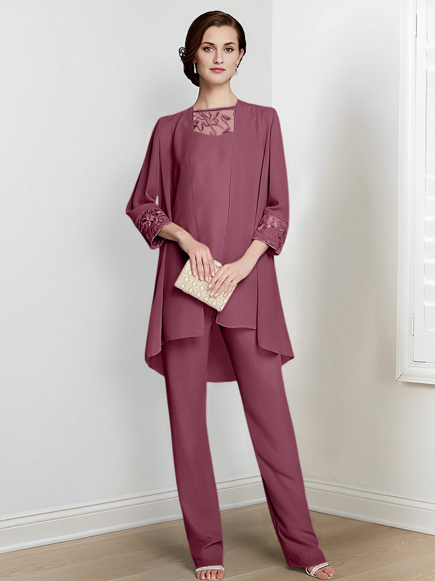Long Square Neck Chiffon Pantsuit With Long Sleeves and Jacket for the Mother of the Bride