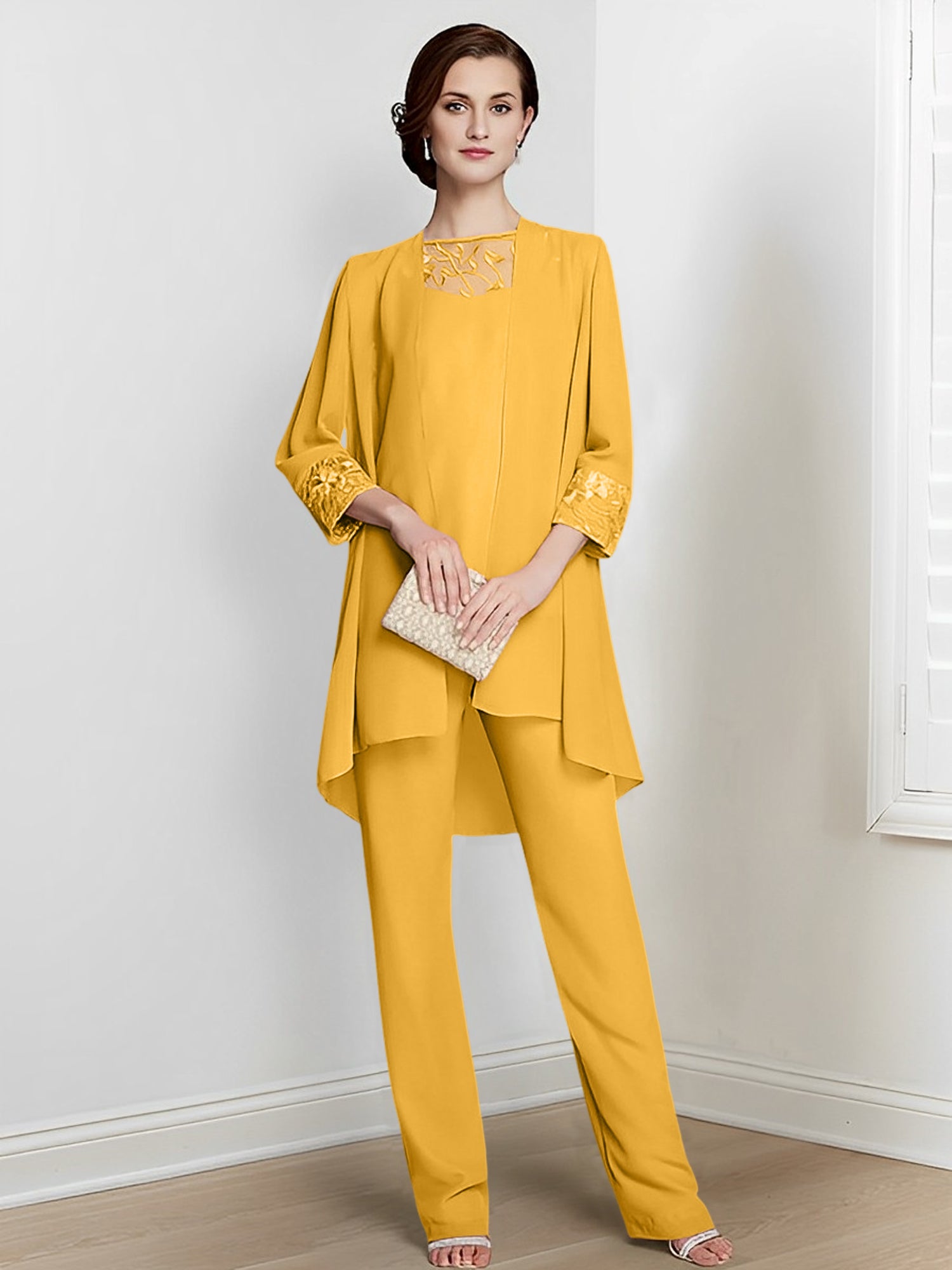 Long Square Neck Chiffon Pantsuit With Long Sleeves and Jacket for the Mother of the Bride