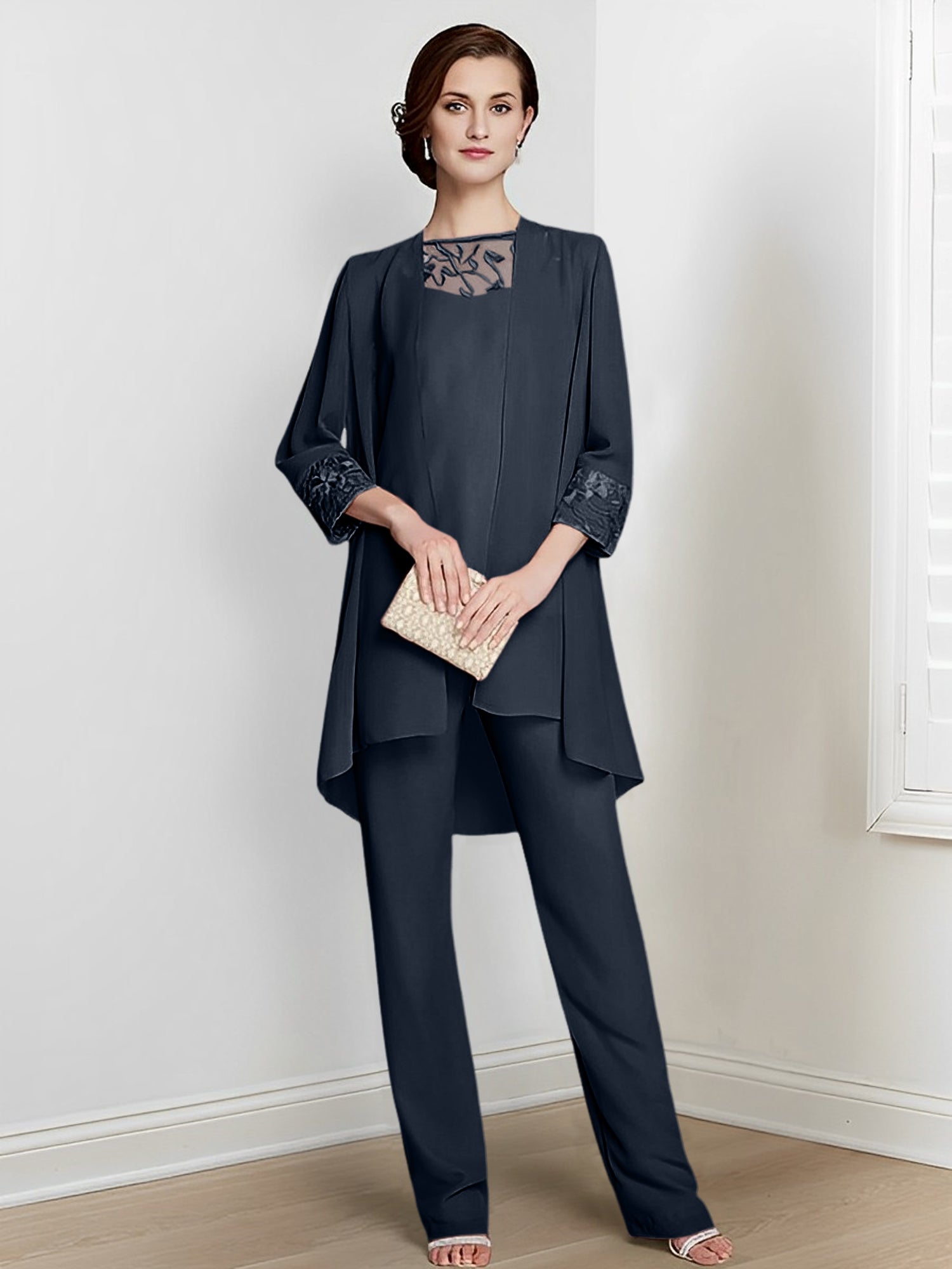 Long Square Neck Chiffon Pantsuit With Long Sleeves and Jacket for the Mother of the Bride
