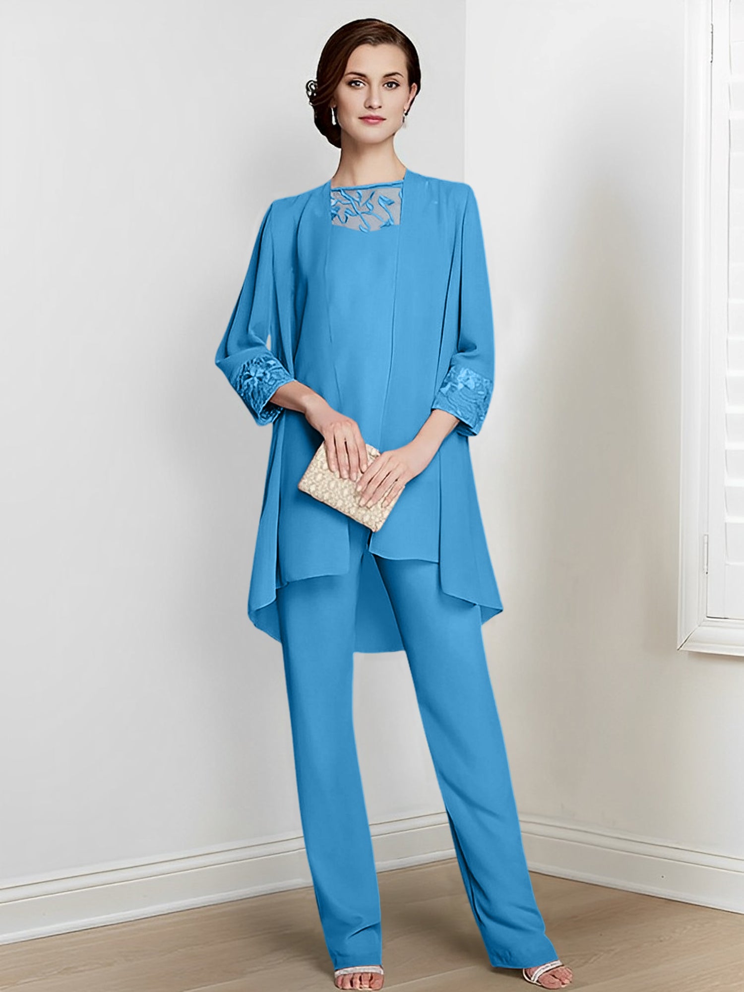 Long Square Neck Chiffon Pantsuit With Long Sleeves and Jacket for the Mother of the Bride