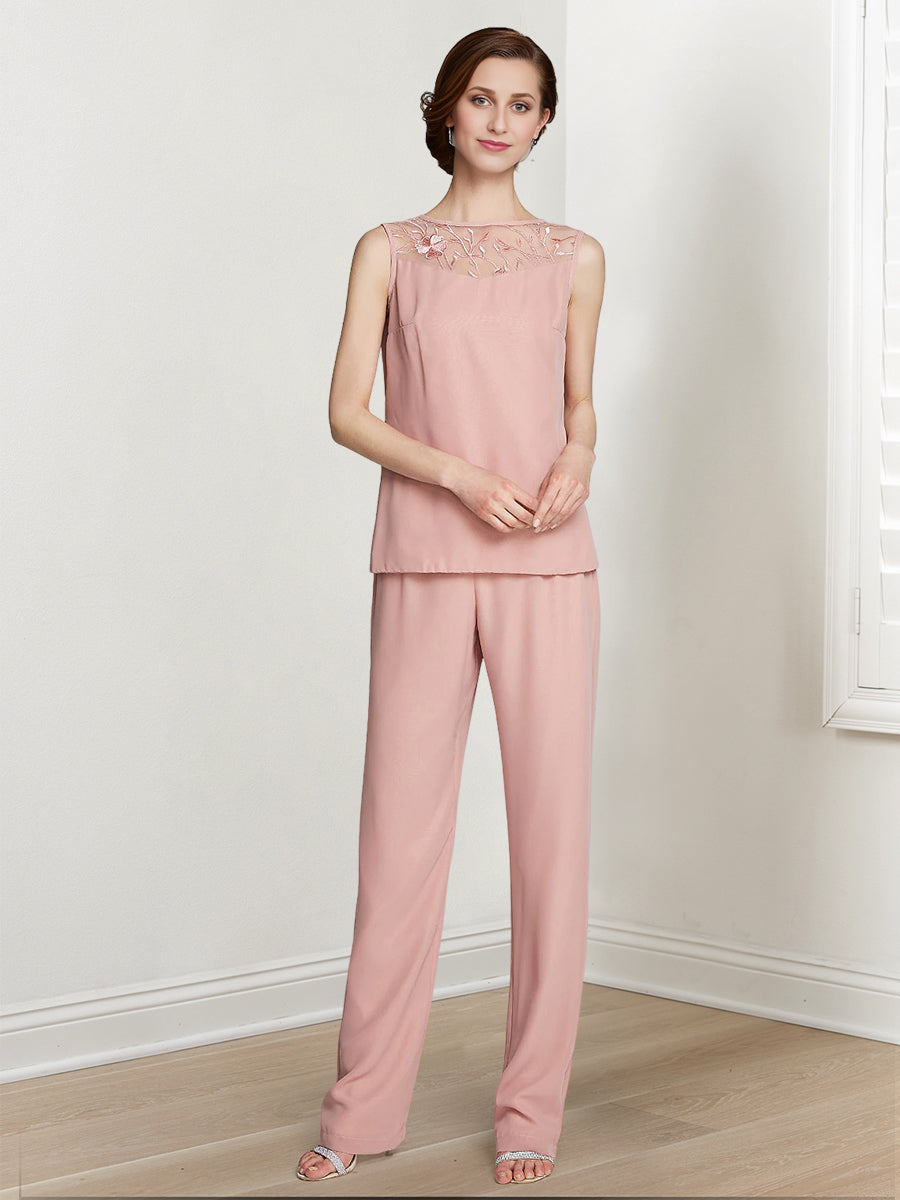 Long Square Neck Chiffon Pantsuit With Long Sleeves and Jacket for the Mother of the Bride