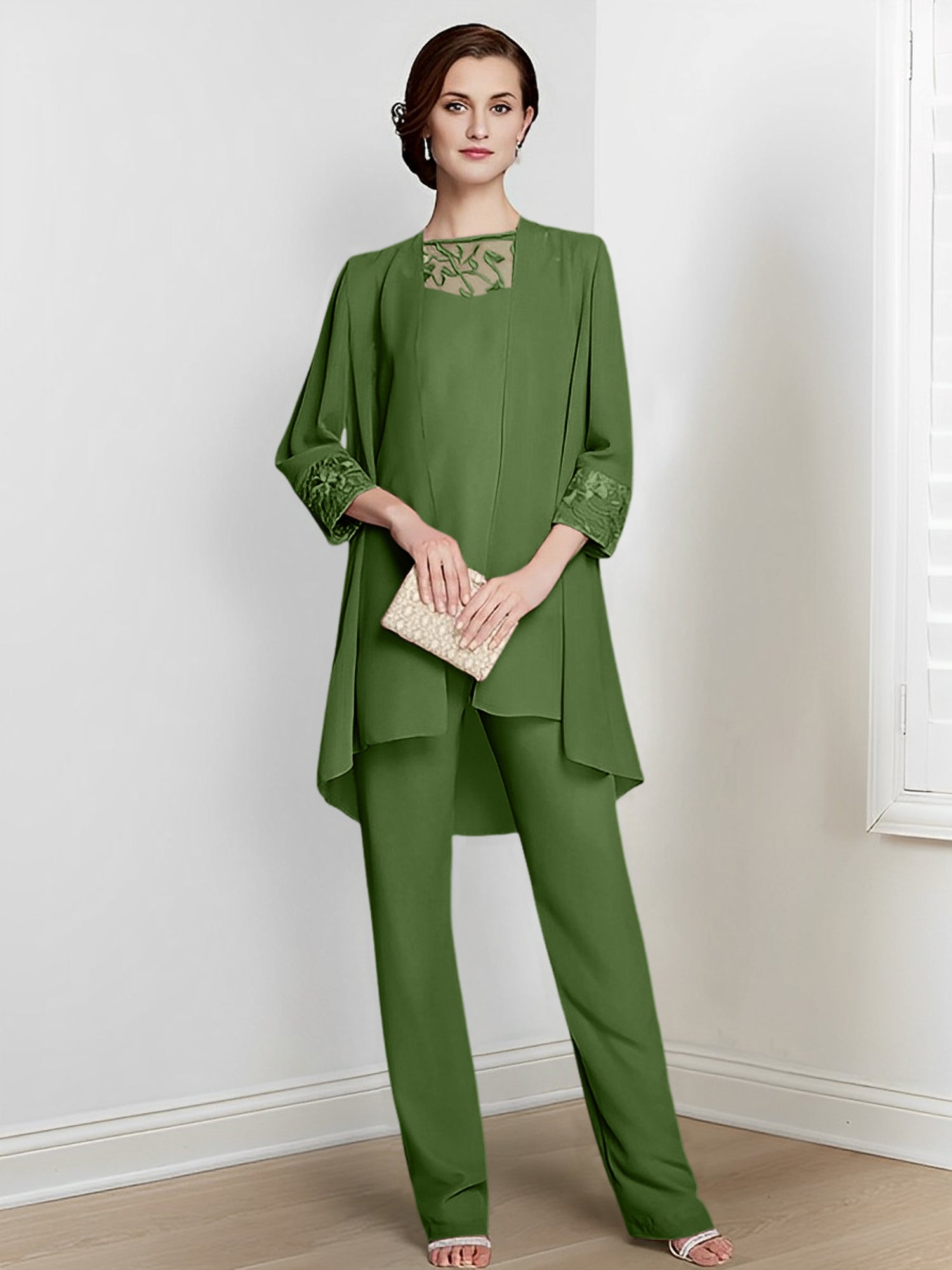 Long Square Neck Chiffon Pantsuit With Long Sleeves and Jacket for the Mother of the Bride