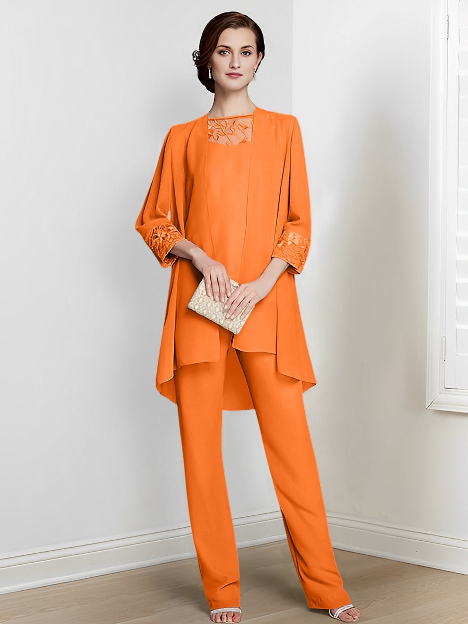 Long Square Neck Chiffon Pantsuit With Long Sleeves and Jacket for the Mother of the Bride