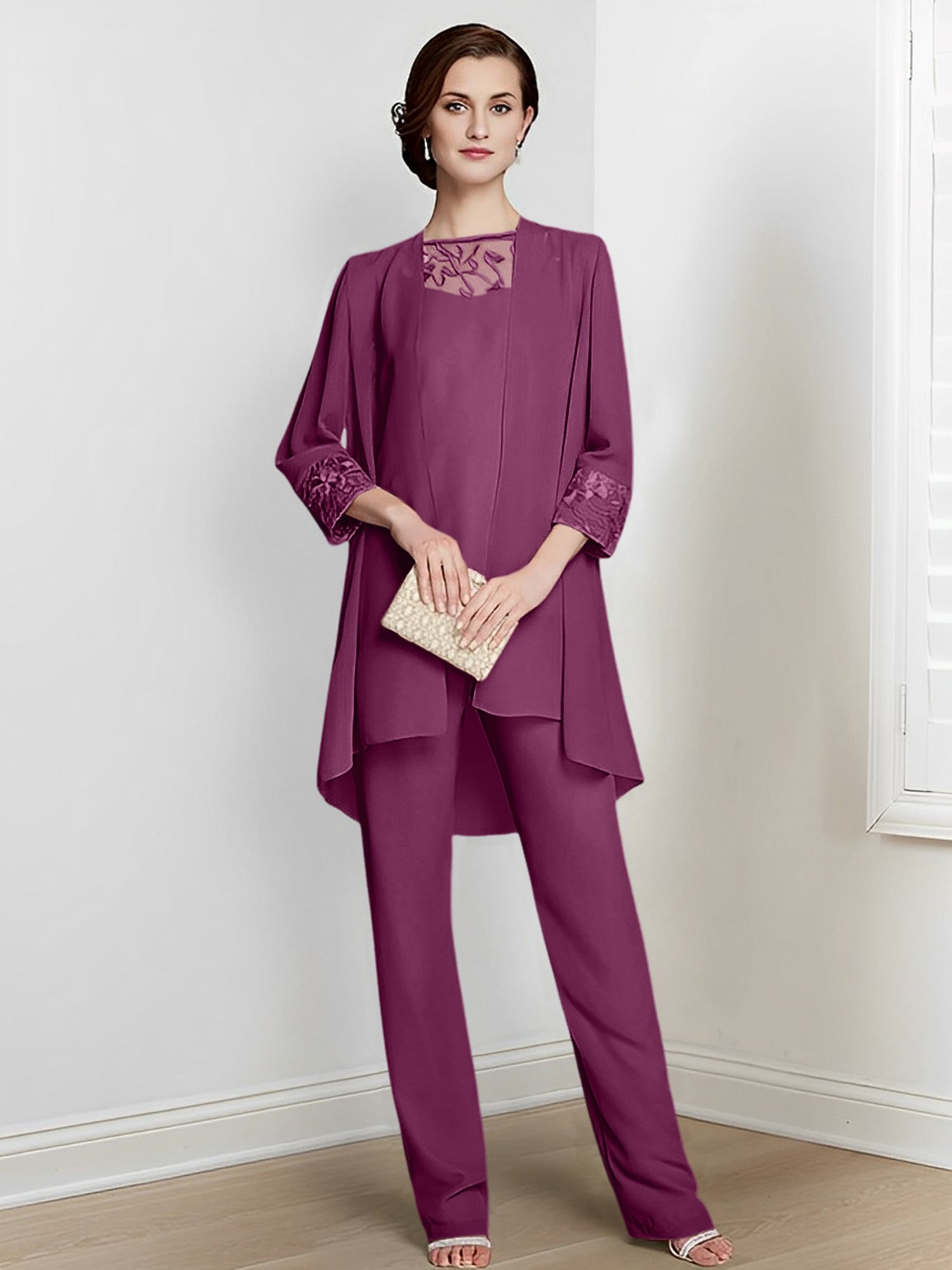 Long Square Neck Chiffon Pantsuit With Long Sleeves and Jacket for the Mother of the Bride