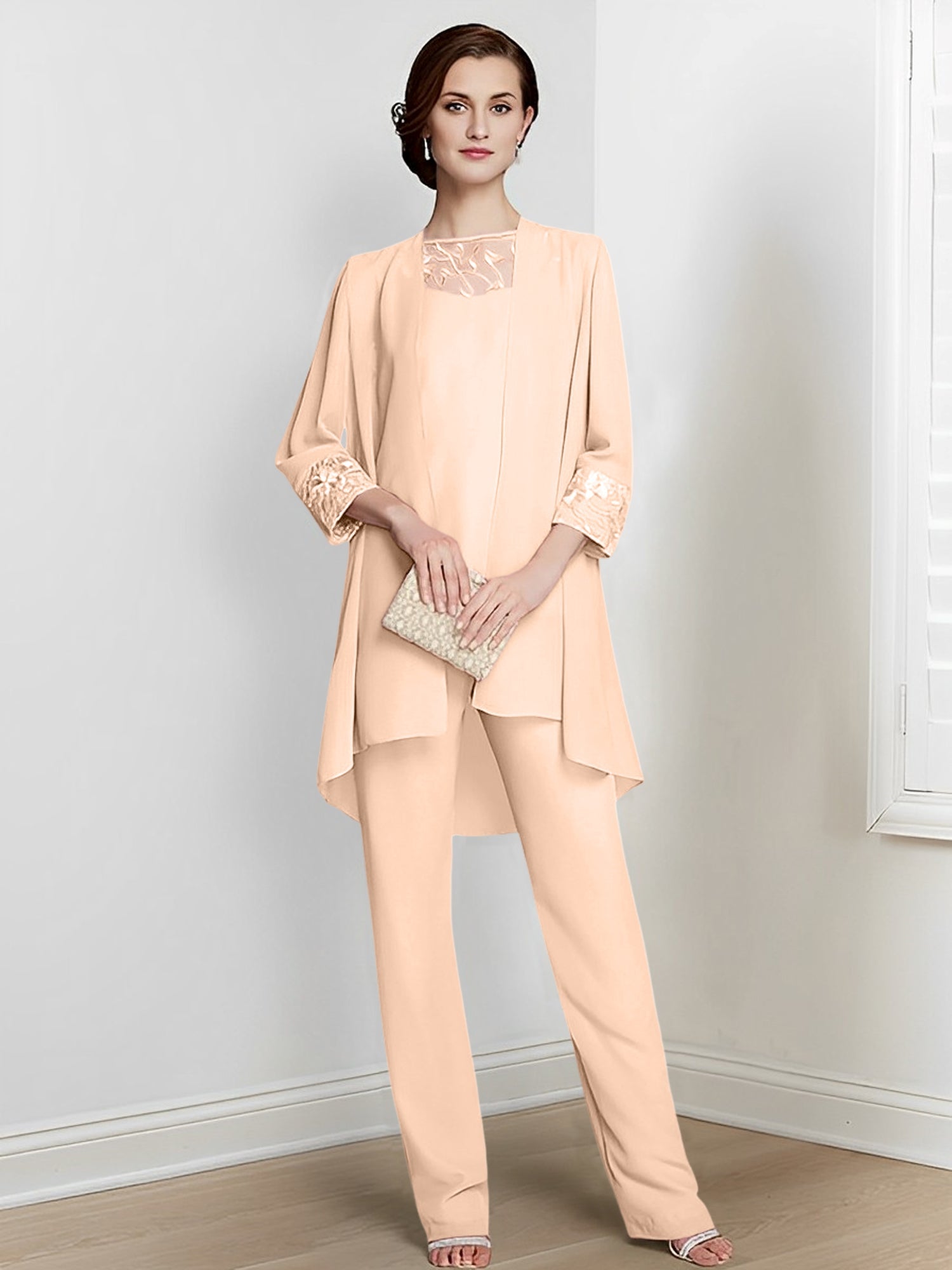 Long Square Neck Chiffon Pantsuit With Long Sleeves and Jacket for the Mother of the Bride