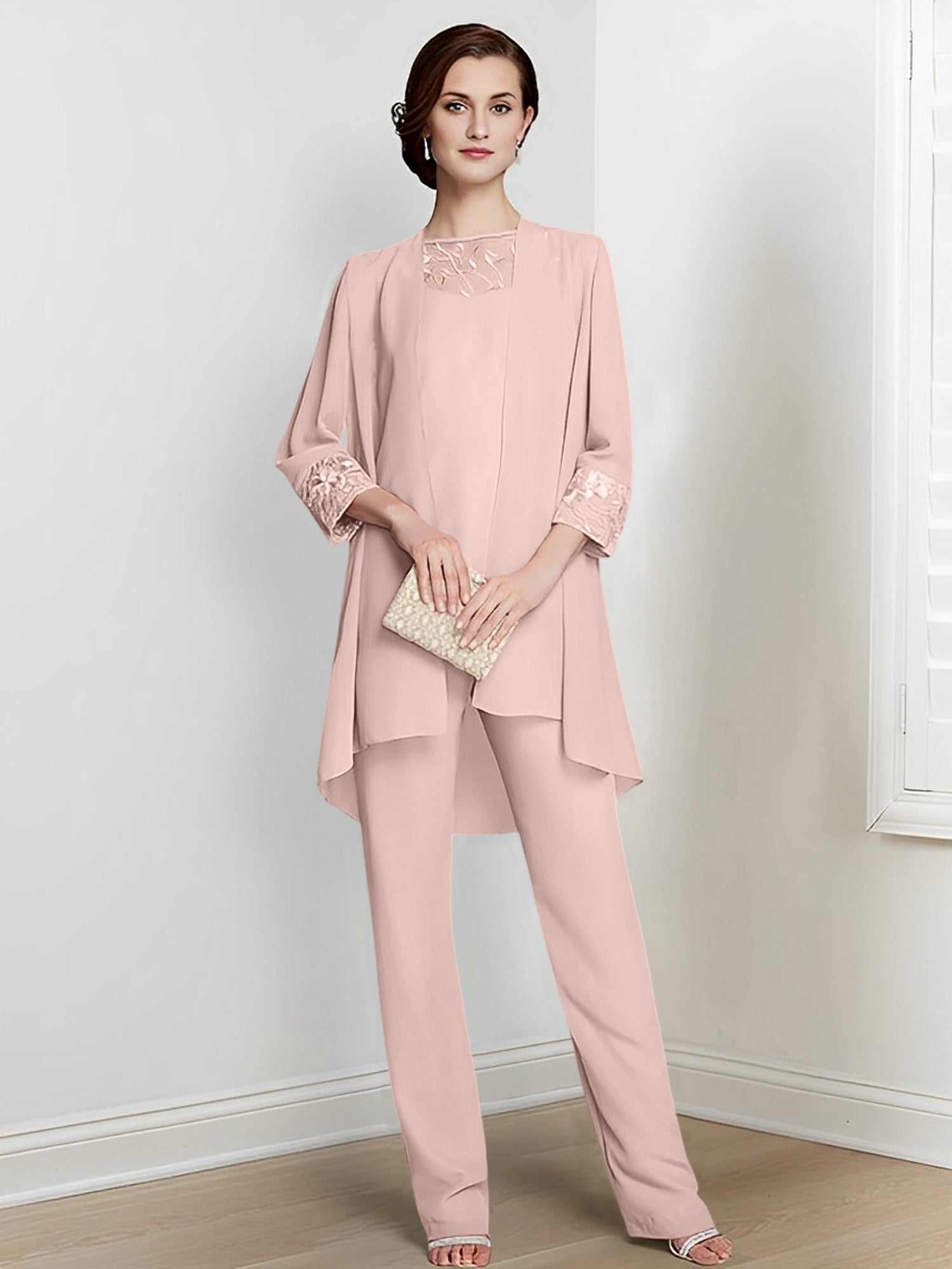 Long Square Neck Chiffon Pantsuit With Long Sleeves and Jacket for the Mother of the Bride