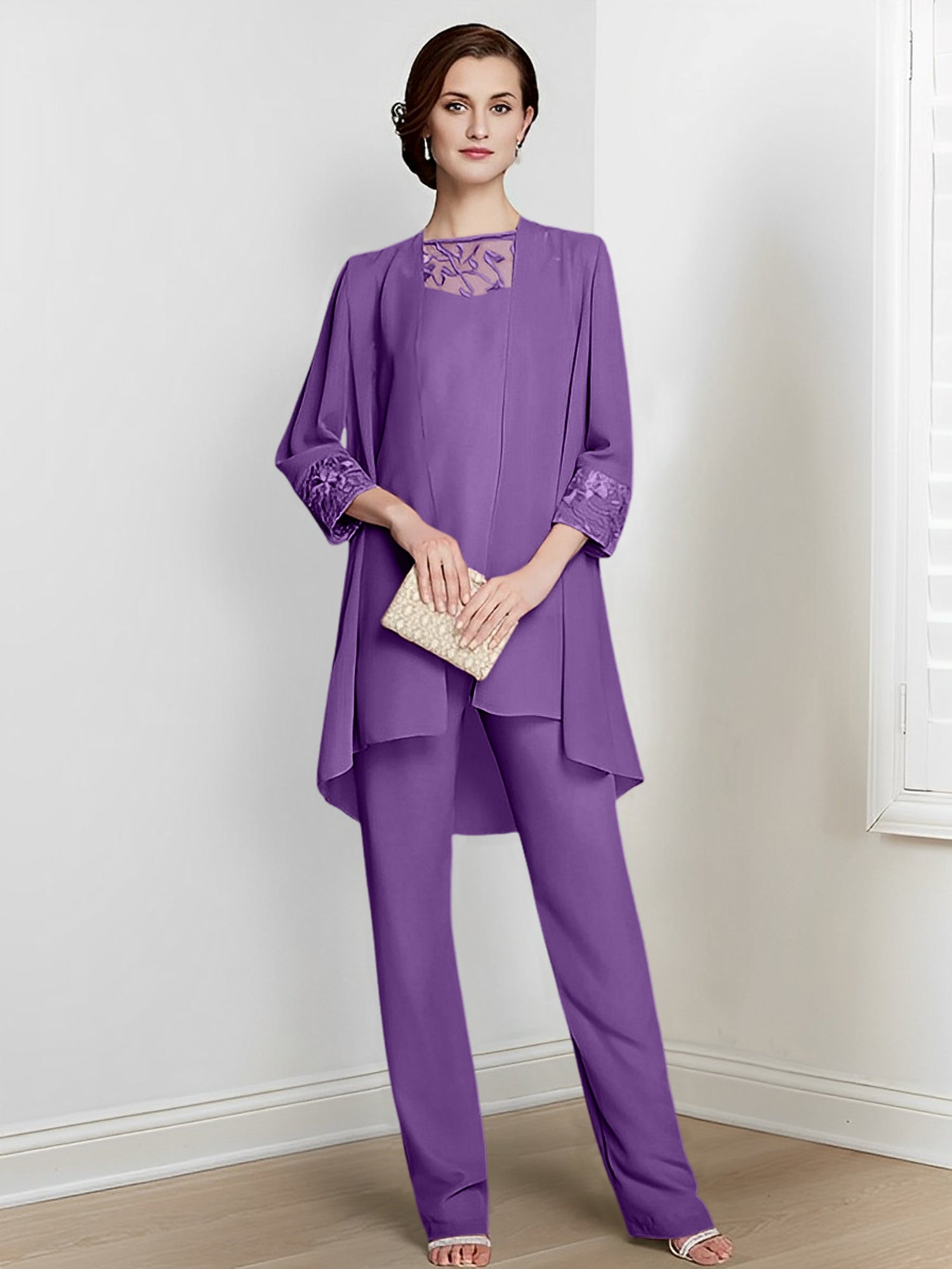 Long Square Neck Chiffon Pantsuit With Long Sleeves and Jacket for the Mother of the Bride