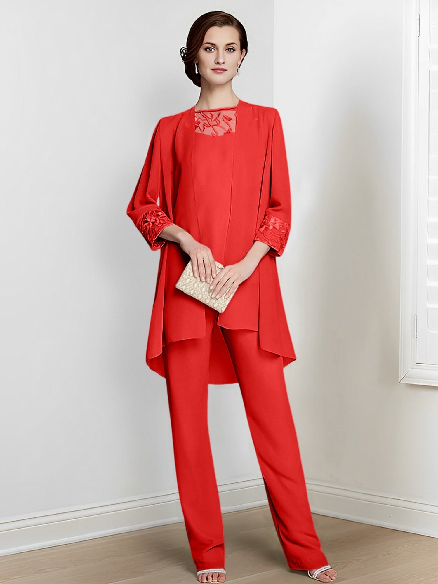 Long Square Neck Chiffon Pantsuit With Long Sleeves and Jacket for the Mother of the Bride
