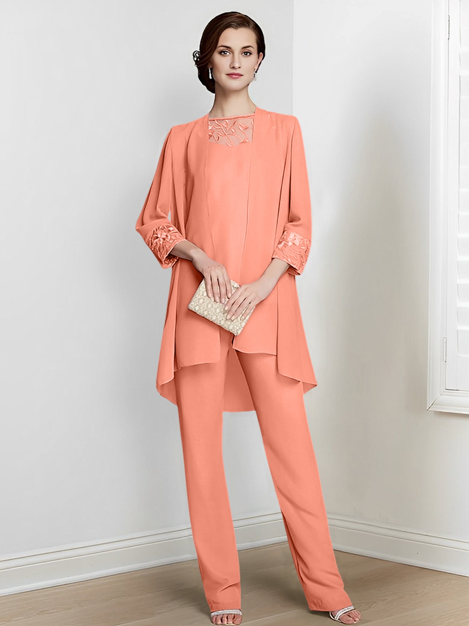 Long Square Neck Chiffon Pantsuit With Long Sleeves and Jacket for the Mother of the Bride