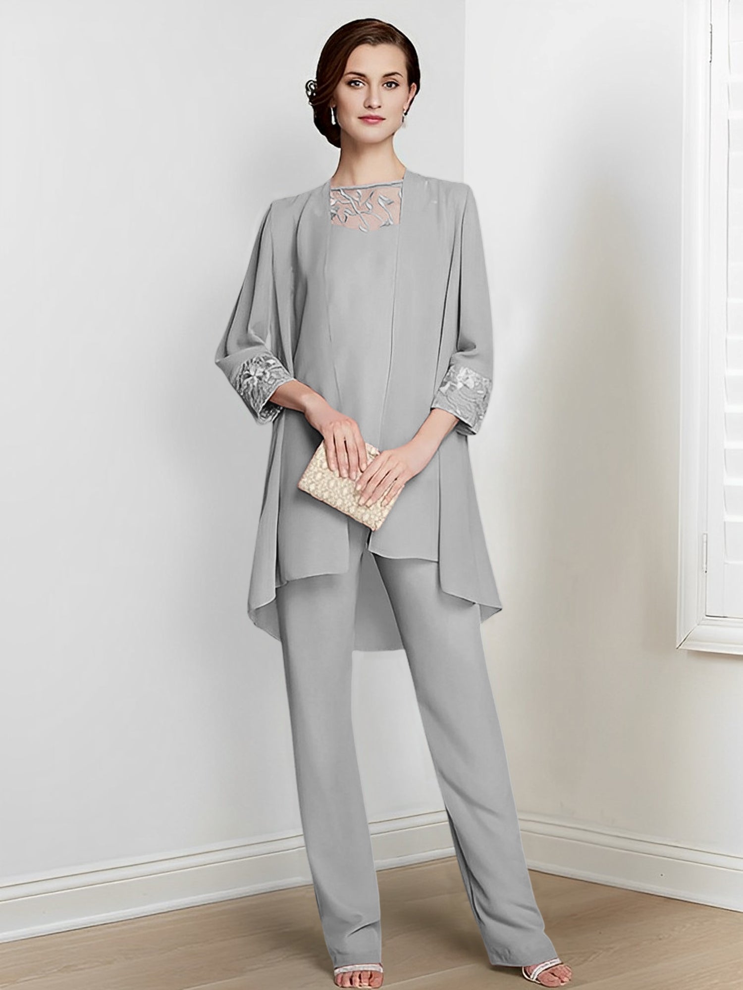 Long Square Neck Chiffon Pantsuit With Long Sleeves and Jacket for the Mother of the Bride