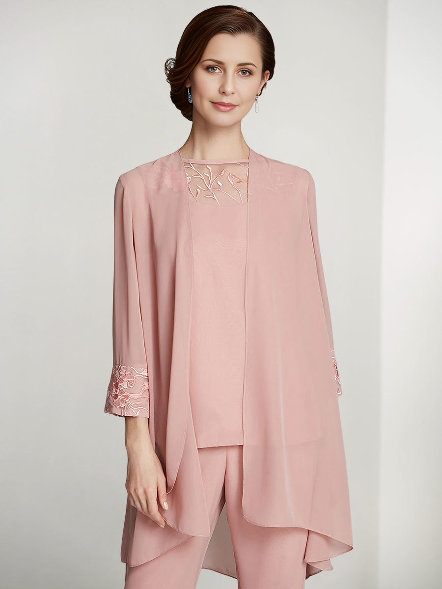 Long Square Neck Chiffon Pantsuit With Long Sleeves and Jacket for the Mother of the Bride
