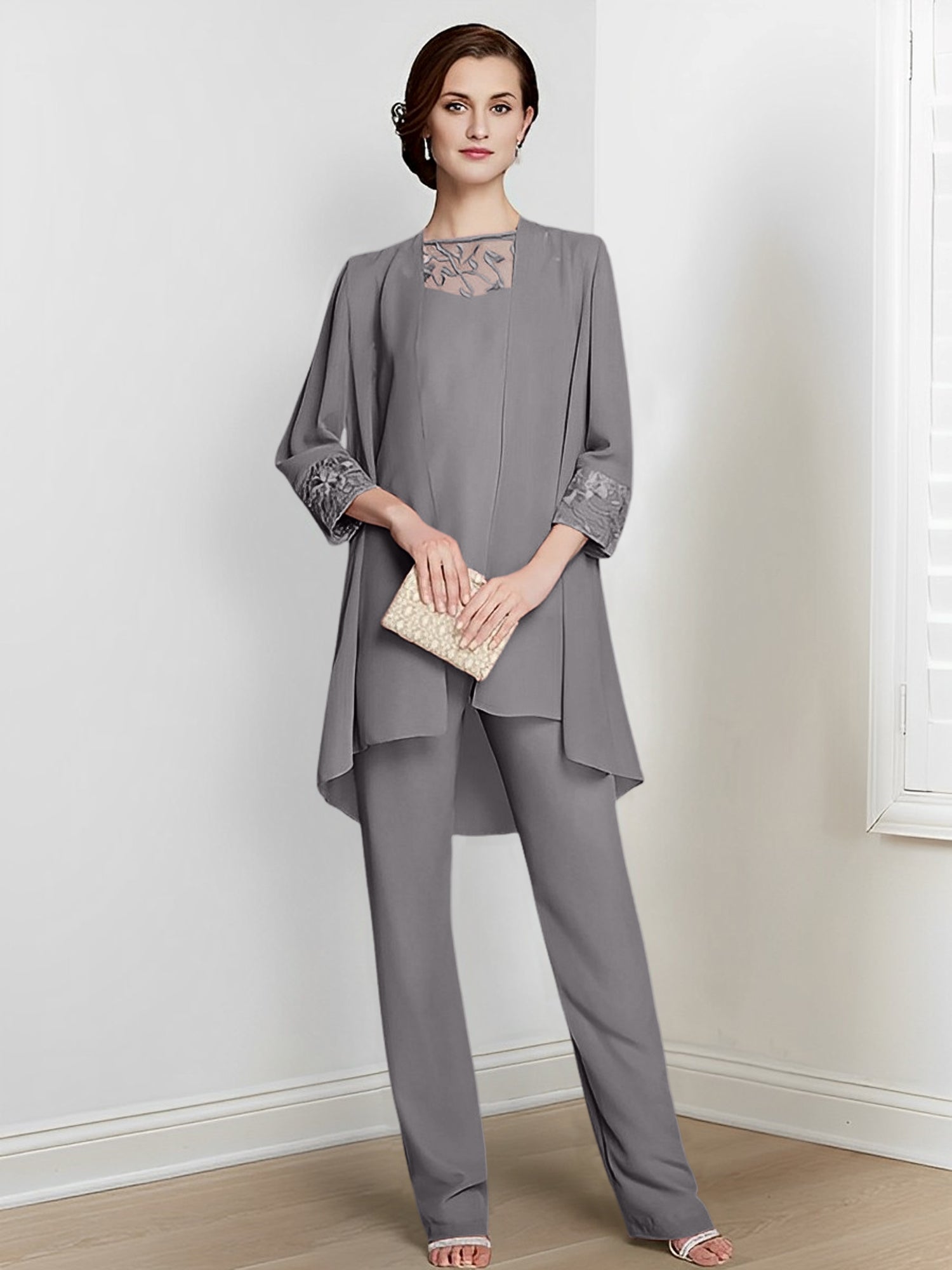 Long Square Neck Chiffon Pantsuit With Long Sleeves and Jacket for the Mother of the Bride
