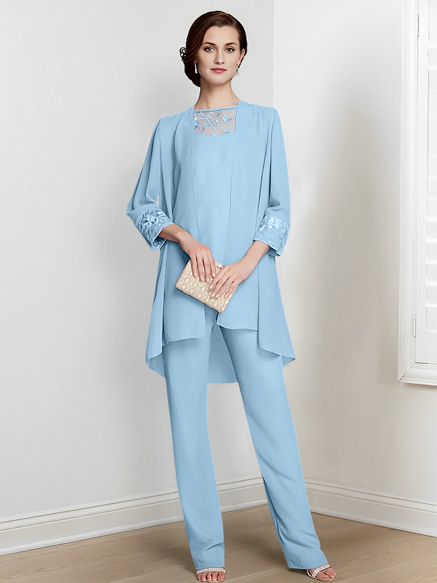Long Square Neck Chiffon Pantsuit With Long Sleeves and Jacket for the Mother of the Bride