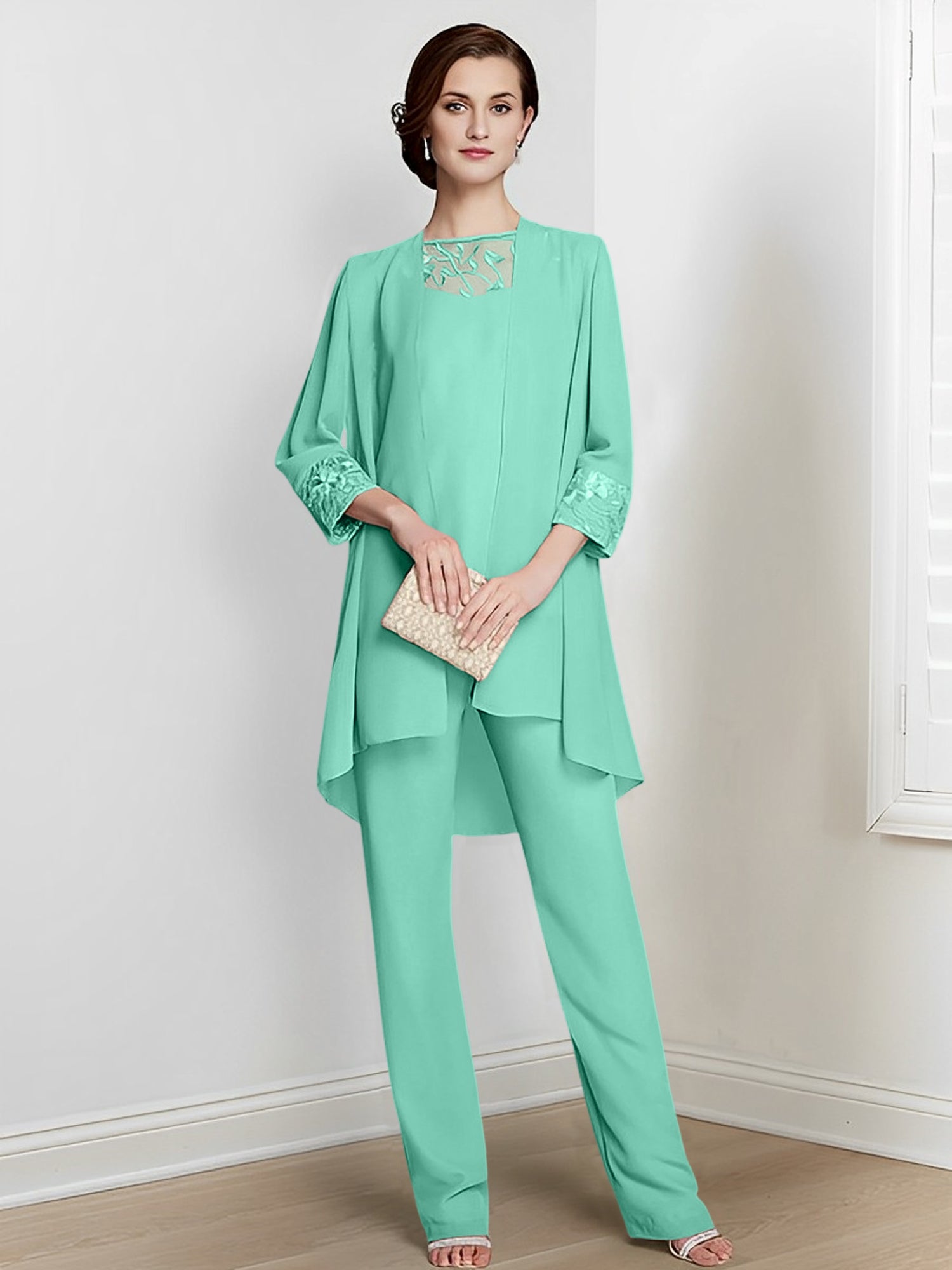 Long Square Neck Chiffon Pantsuit With Long Sleeves and Jacket for the Mother of the Bride