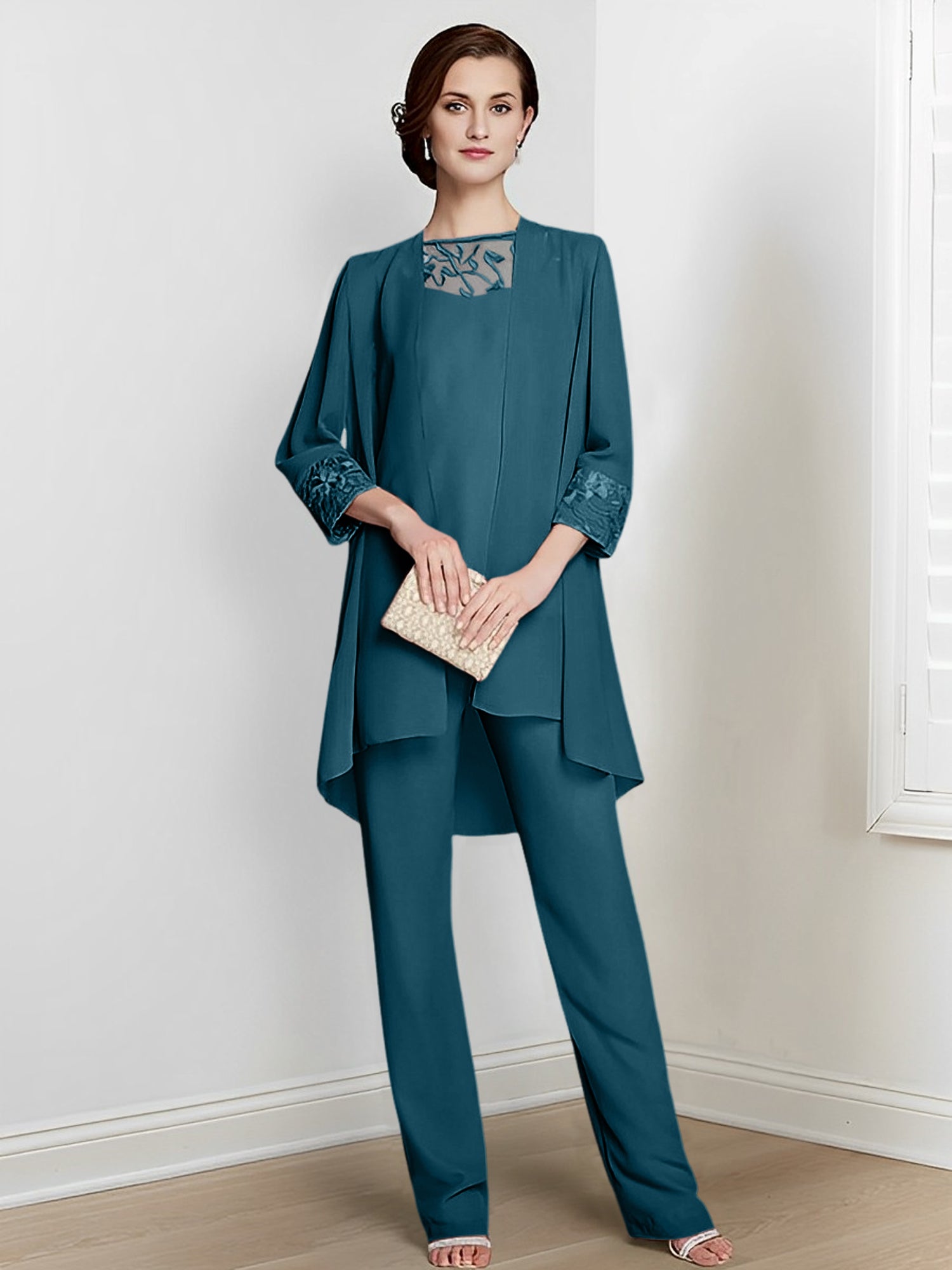 Long Square Neck Chiffon Pantsuit With Long Sleeves and Jacket for the Mother of the Bride