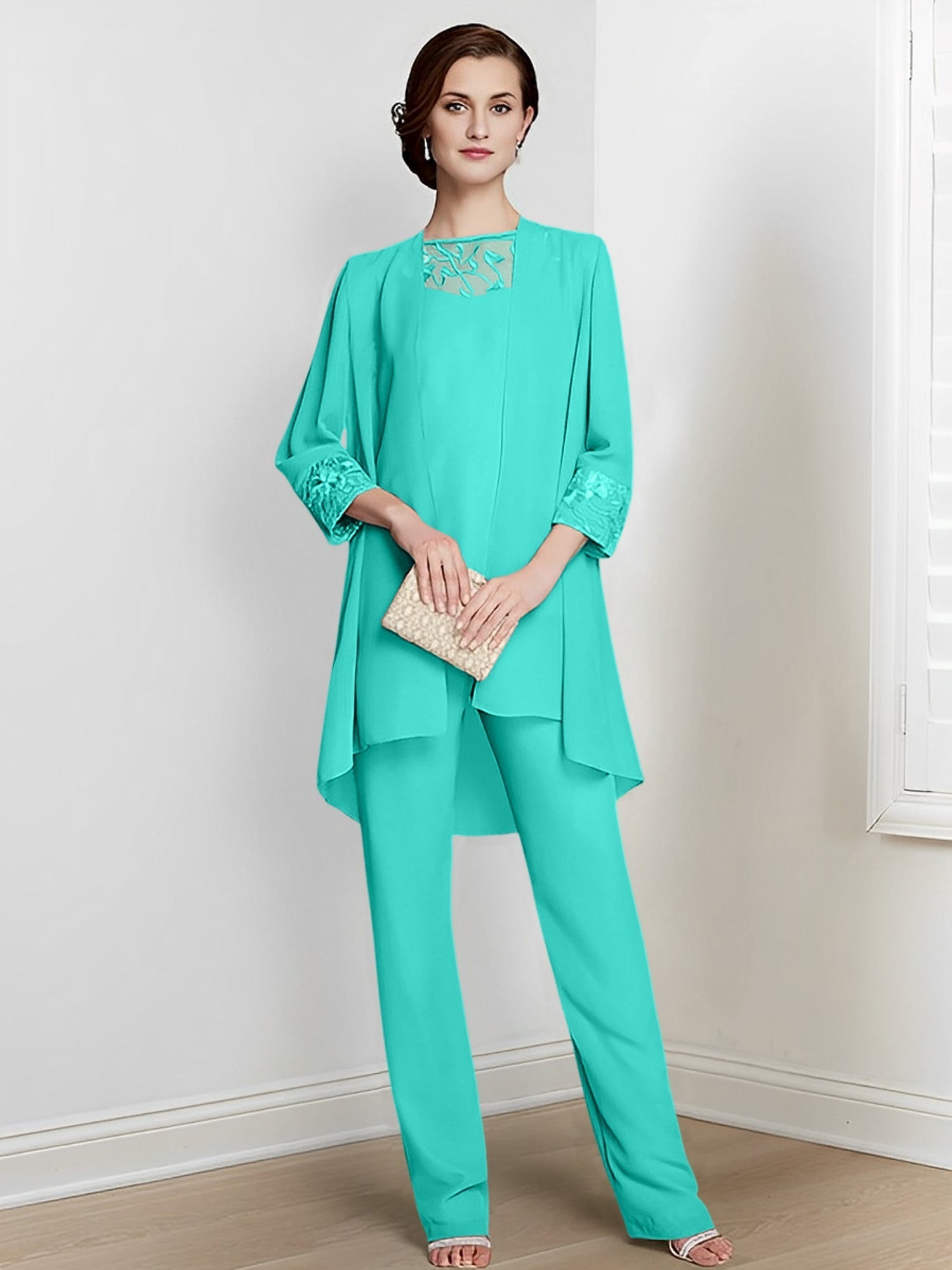 Long Square Neck Chiffon Pantsuit With Long Sleeves and Jacket for the Mother of the Bride